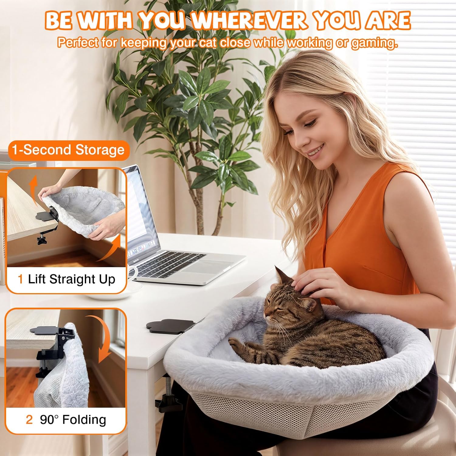 Cat Desk Bed - One-Click Folding Space-Saving Design, Cat Bed for Desk with Soft Faux Rabbit Fur Cover & Breathable Mesh Fabric, Cat Hammock Supports up to 66 lbs, Remote Workers Home Gaming