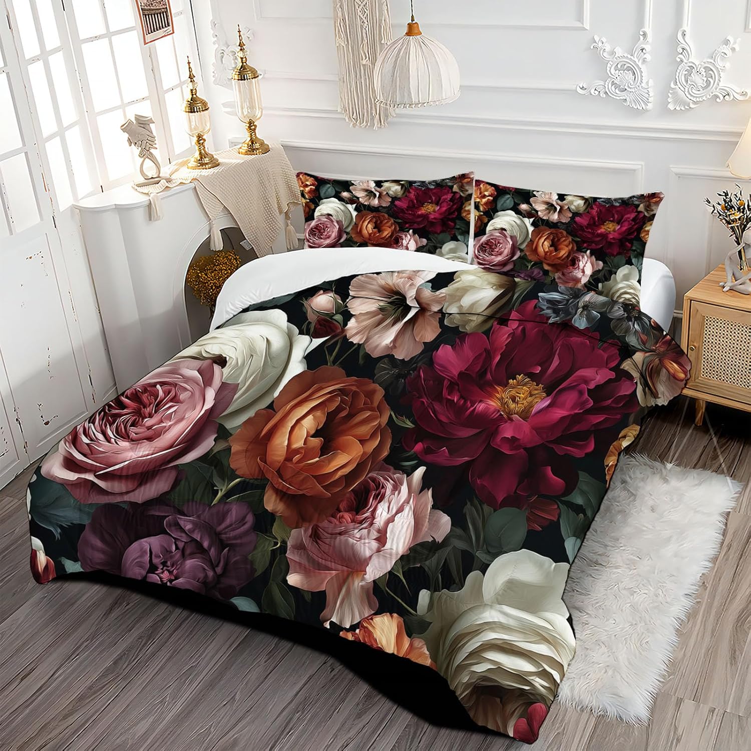 3D Dark Rose Bush Comforter Set Full Size Bedding Set Flower Oil Painting Style All Season Down Comforter Printed Quilted with 2 Pillow Shams for Kids, Teens, Adults 80 x 90in Burgundy Red