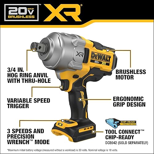 Miniatura 4 de DEWALT Llave de impacto inalámbrica de 20 V MAX XR de 34 pulgadas, pistola de impacto sin escobillas con yunque de anillo de retención, alto par,