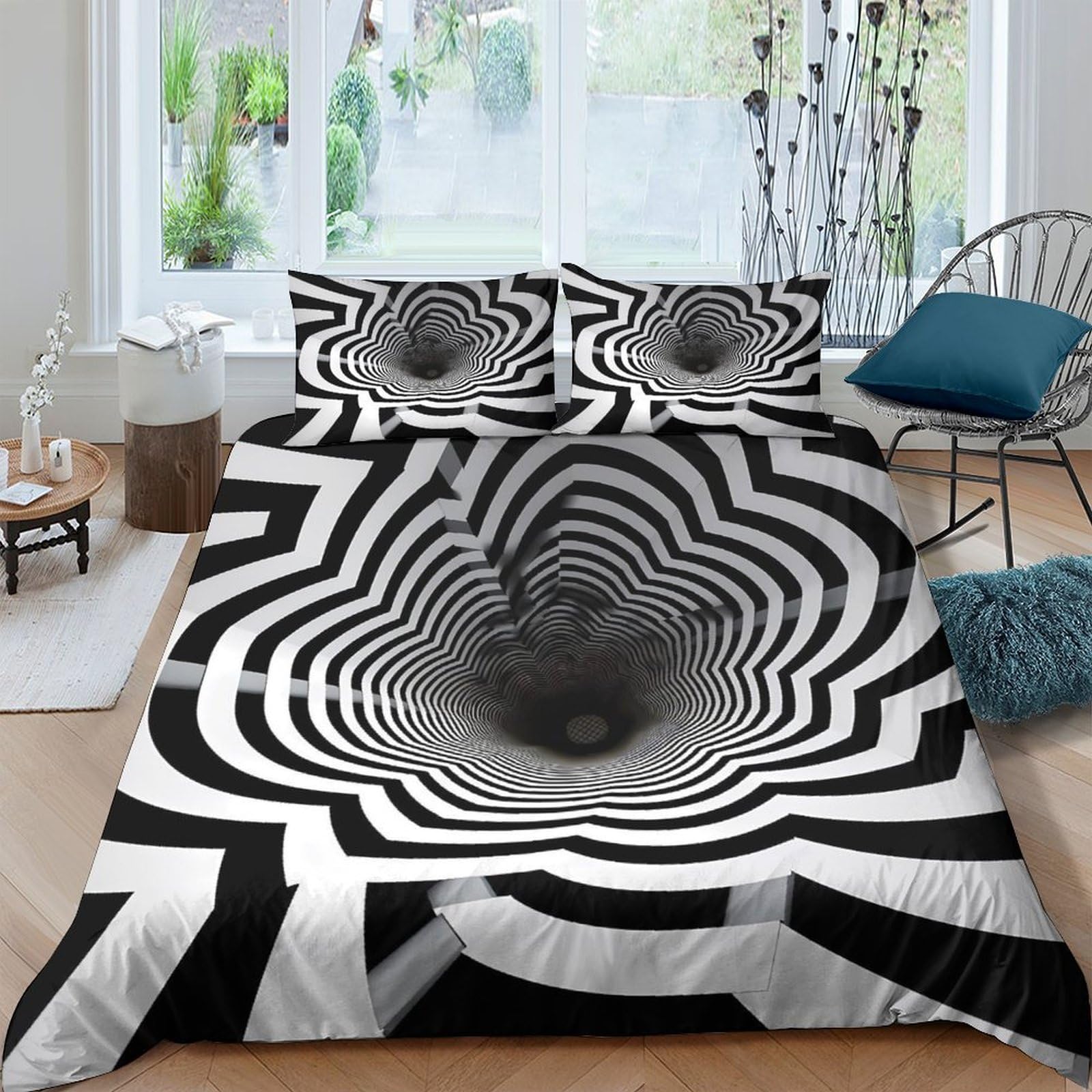 Ctjqhvkz Style-5 3D Printed Optical Illusion Fitted Sheet Microfiber Soft Black White Spiral Bed Cover Anti-Slip Machine Washable For Bedroom Guestroom Décor Single（135X200cm）