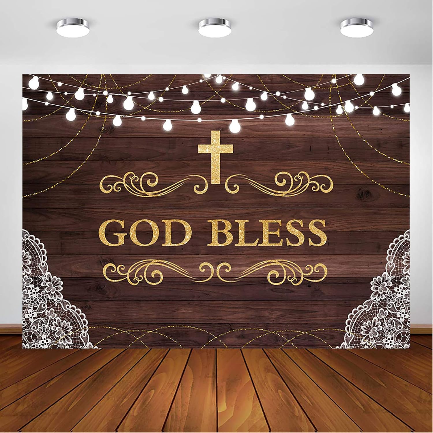 COMOPHOTO 7x5ft First Holy Communion Baptism Backdrop Rustic Wood Gold God Bless Party Baby Shower Photography Backdrops Cake Table Decoration Banner Supplies Background