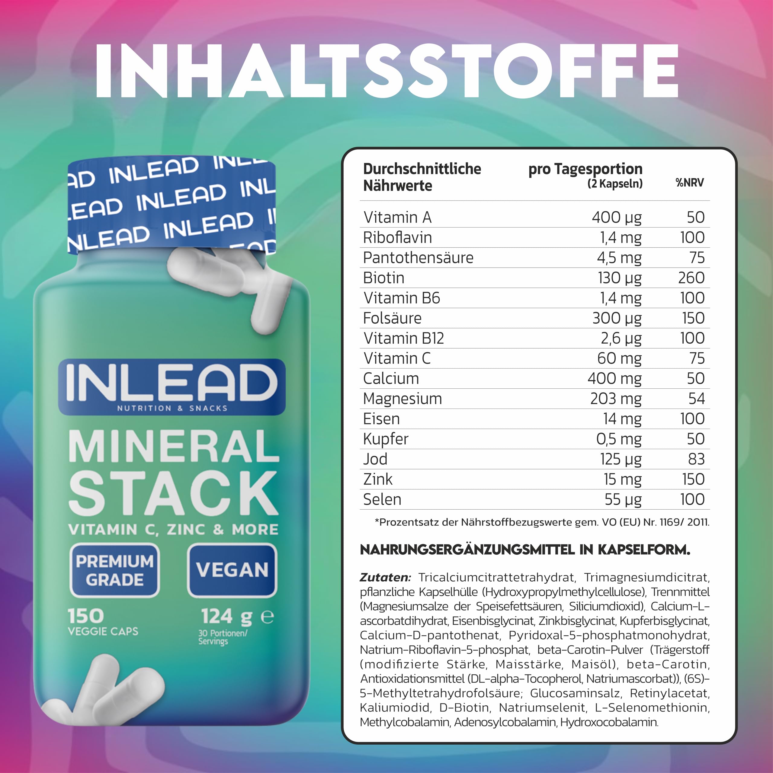 INLEAD - Mineral Stack | Hochwertige Mineral-Kapseln | Mit Mineralstoffen, Vitaminen und Spurenelementen - 150 Kapseln