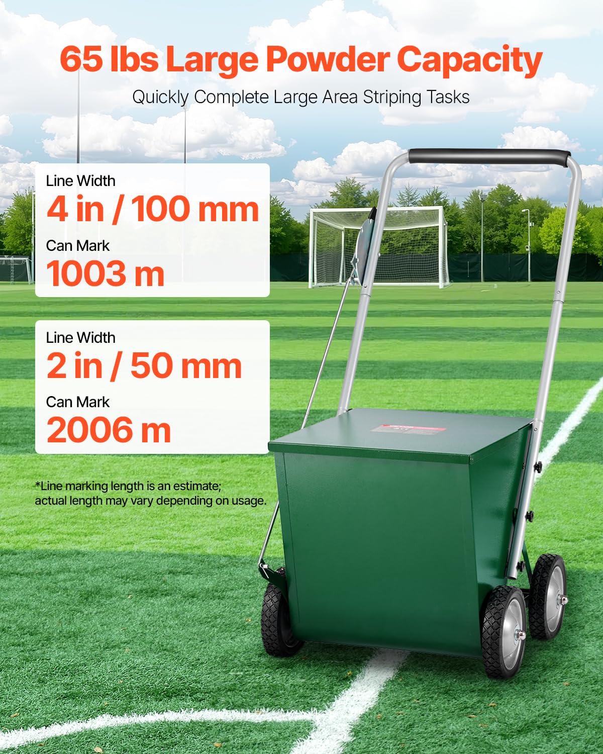 VEVOR Marcador de Línea Seca con 4 Ruedas, Ancho de Raya 50/100 mm, Marcador de Línea Ajustable con Mango de Ajuste de Goma, Capacidad de Polvo Seco de 29,5 kg para Campo de Béisbol y Sóftbol, Verde