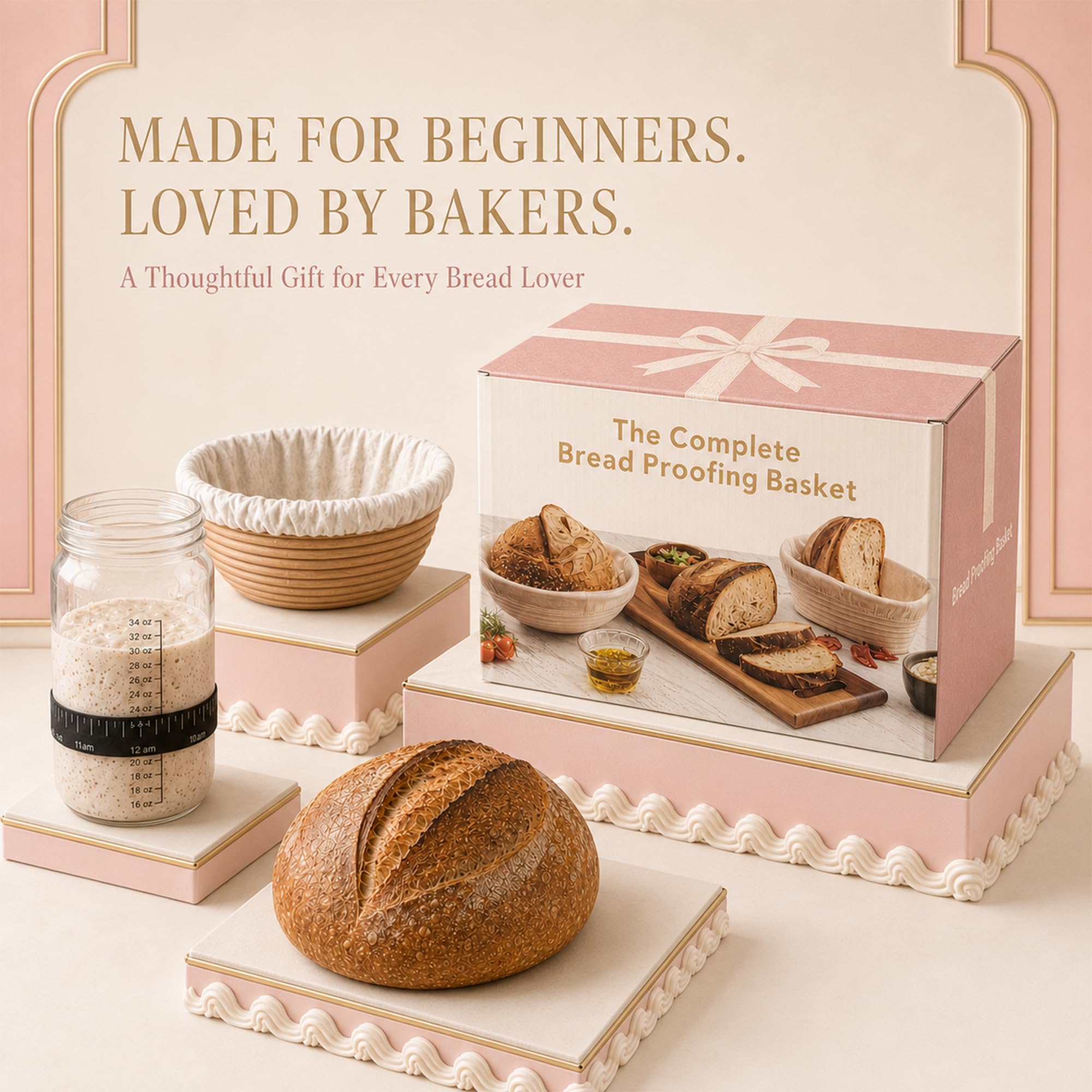 Kit per principianti con cestini rotondi e ovali in rattan | Kit per la preparazione del pane da 38 pezzi con barattolo, fionda per il pane, frusta, raschietto e strumenti da forno, rosa