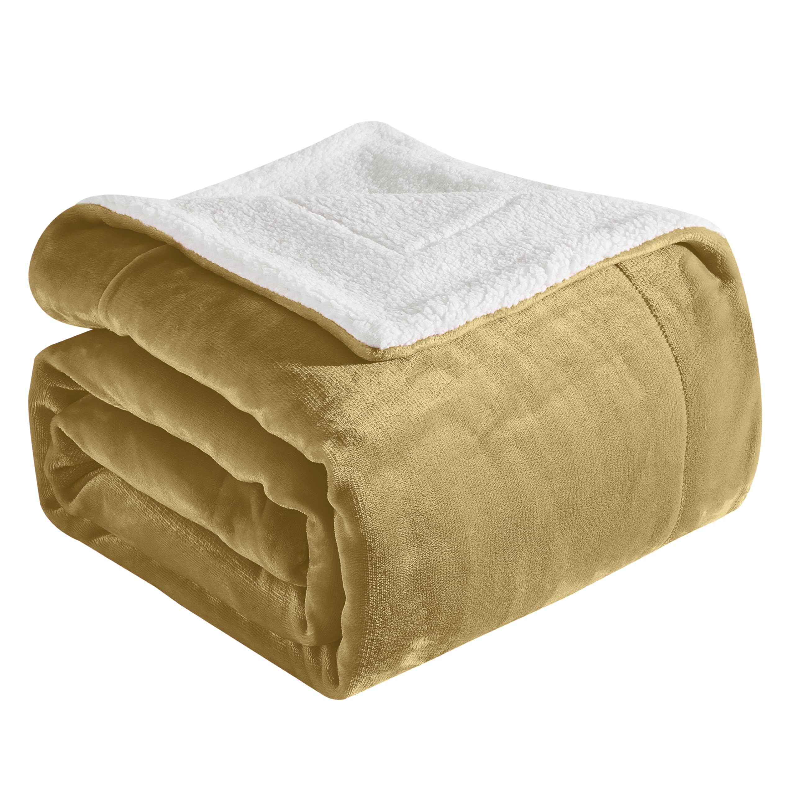 Elegant Comfort Ultra Soft Reversible Flannel Sherpa Blanket - Cozy Silky Fleece Throw for Couch, Bed - Plush Fuzzy Warm Winter Blanket for Gift, King, Gold
