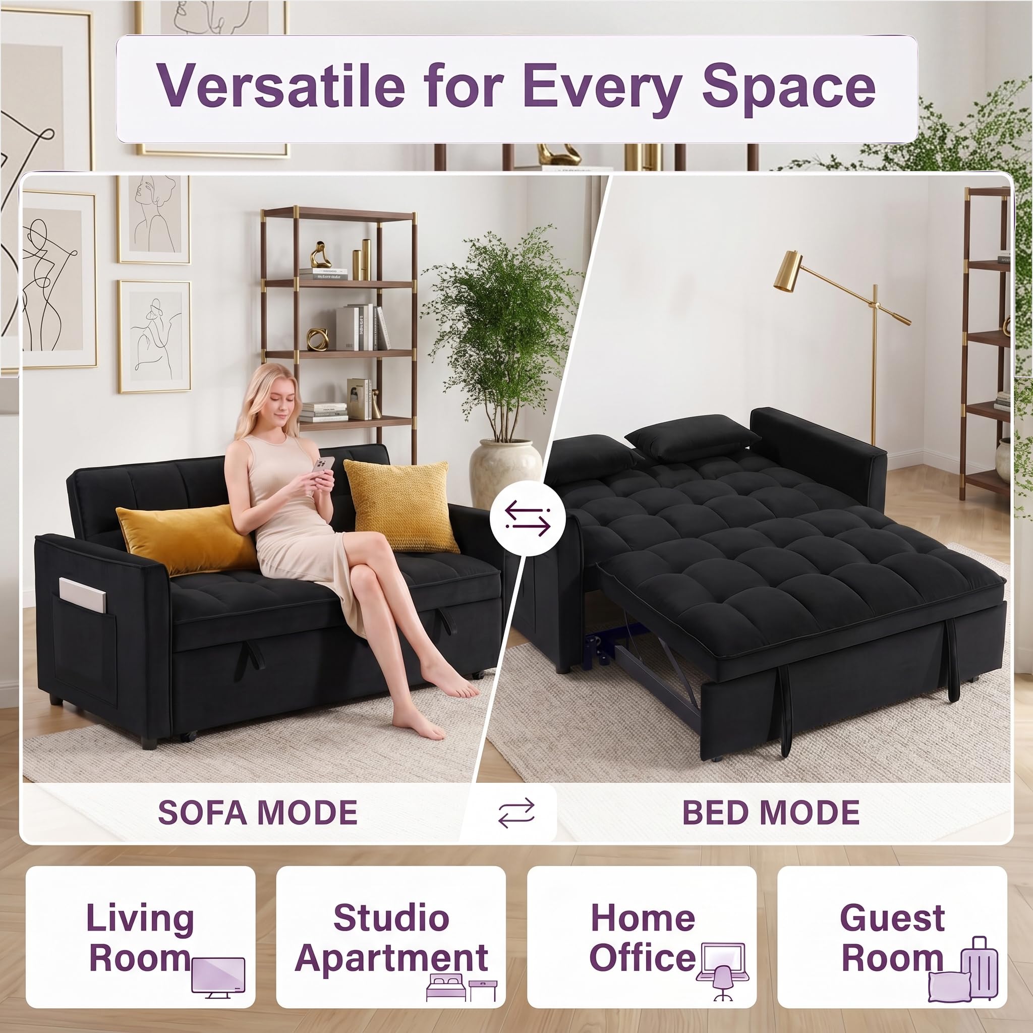 3 in 1 Convertible Sleeper Sofa Bed, 54'' Full Size Velvet Pull Out Futon Couch Recliner with Reclining Backrest & 2 Pillows, Small Loveseat Lounge Couches for Small Spaces (Black)