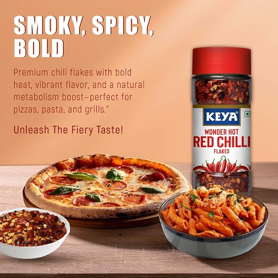 Keya Red Chilli Flakes Dry Red Chilli Flakes Seasonings Aromatic Spicy Dried Pizza Pasta Seasoning Zero added Colours, Fillers, Additives Preservatives 100% Natural 40gm
