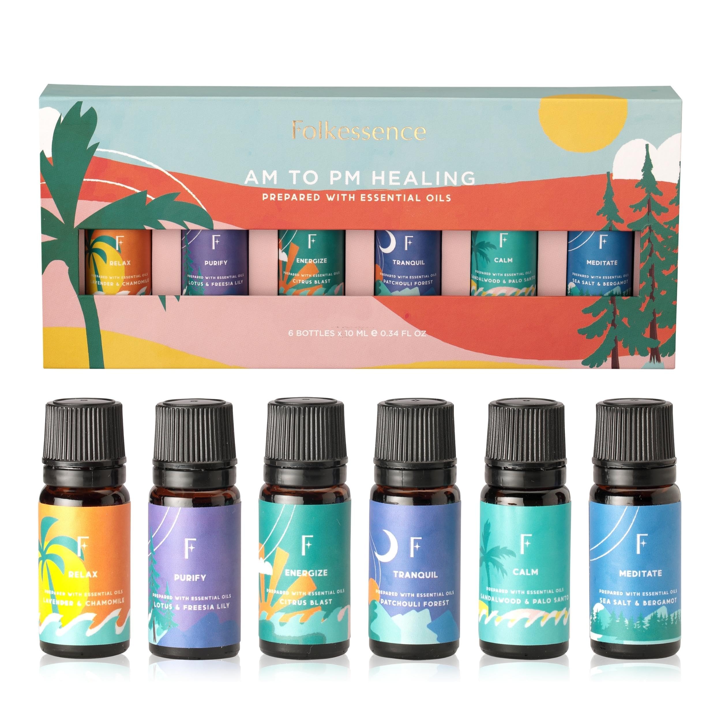 Folkulture Essential Oil Set for Diffuser, Set of 6 Organic Essential Oils for Diffusers for Home, Aromatherapy Diffuser Oil Scents - Lavender, Lily, Lemon, Patchouli, Sandalwood, Bergamot - AM to PM