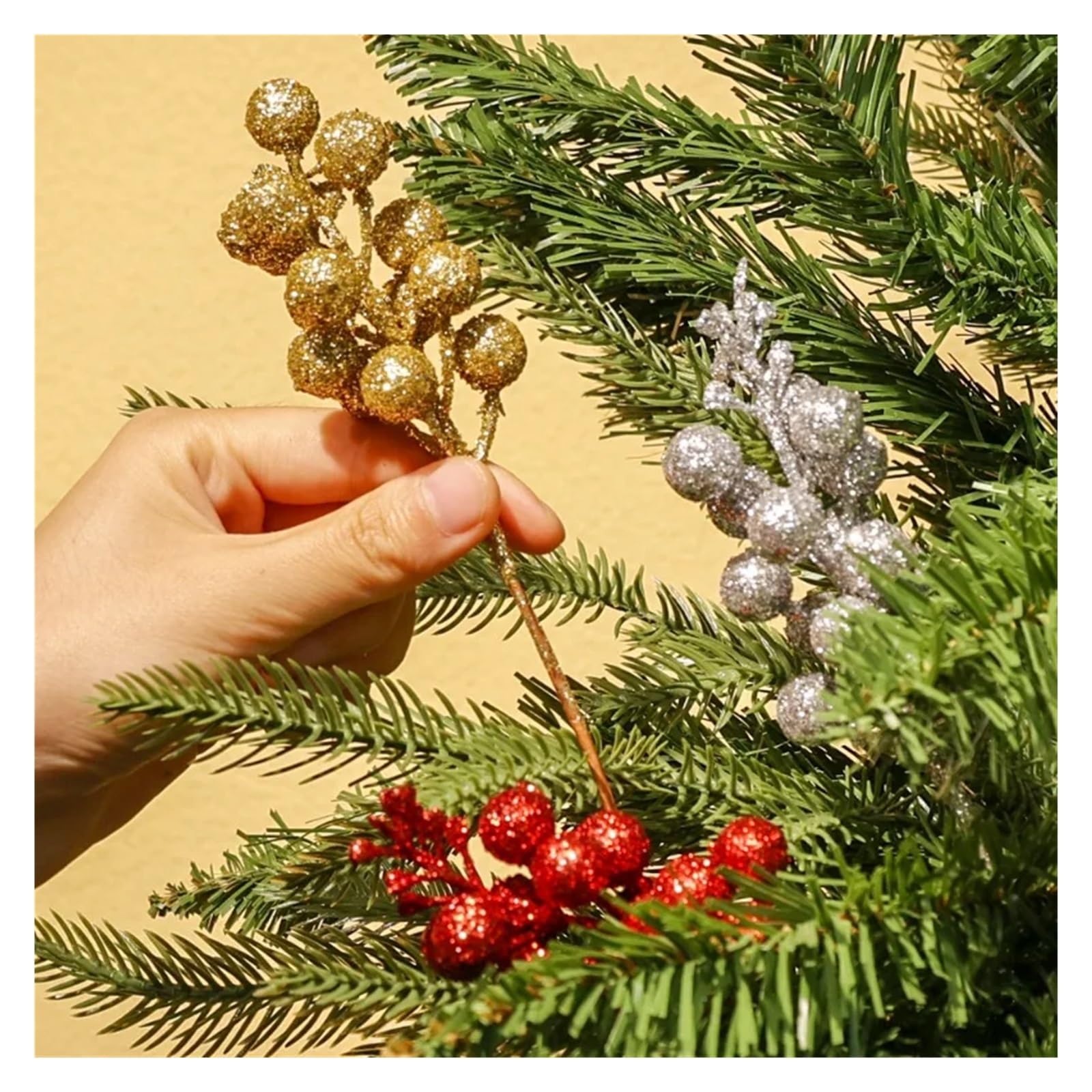 Ramo de ramas con bayas artificiales, Tallos De Bayas Artificiales Con Purpurina En Polvo Dorado, Multicolor, 23,5 Cm, ​​Paquete