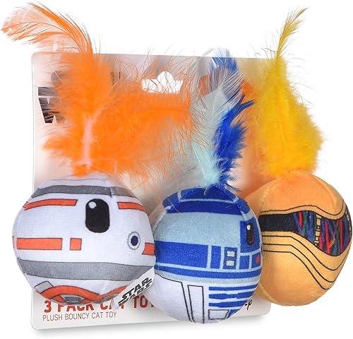 Miniatura 2 de STAR WARS Juguetes para gatos para mascotas, paquete de 3 bolas de cascabel de plumas con hierba gatera C3PO, BB8, R2-D2  Divertidos juguetes de