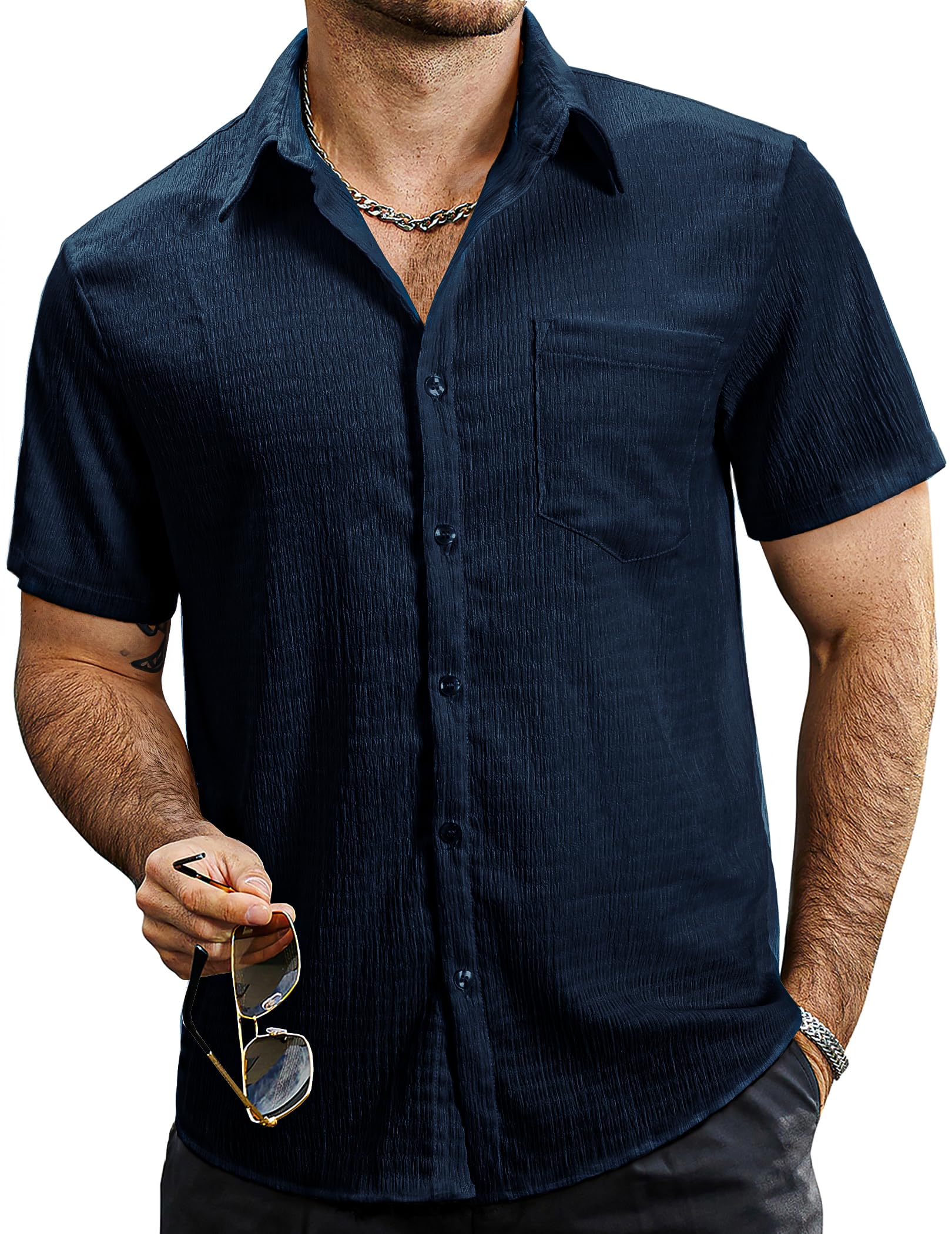 VATPAVE Herren Sommer Gestreifte Hemden Button Down Kurzarm Vintage Strand Hawaii Hemden mit Tasche