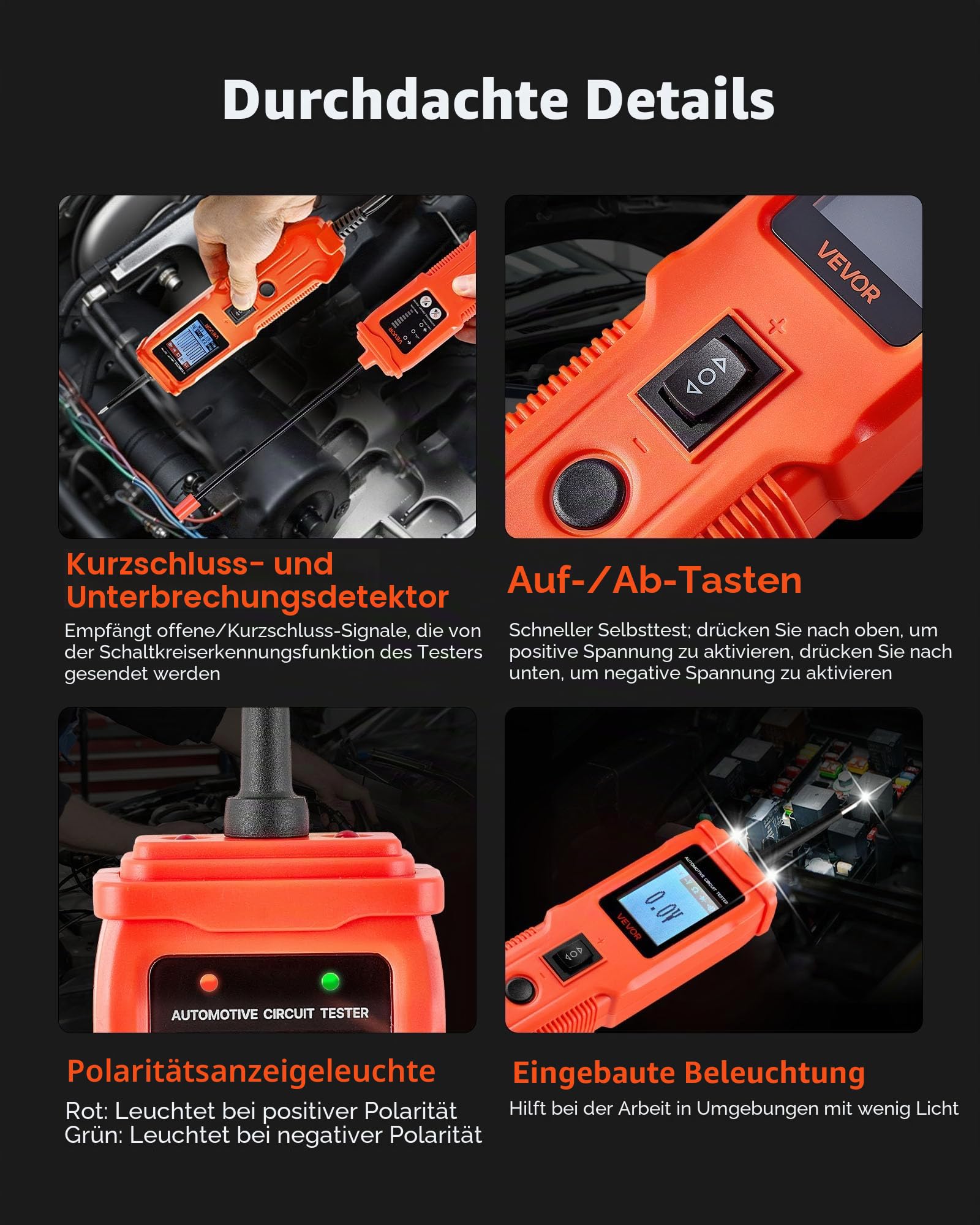 VEVOR Kfz Stromkreistester Elektroprüfer 8–35 DCV mit Stromkreissonde & TFT-Farbdisplay & Beleuchtung, Stromkreisprüfer mit 6 m langem Verlängerungskabel & Tragkoffer