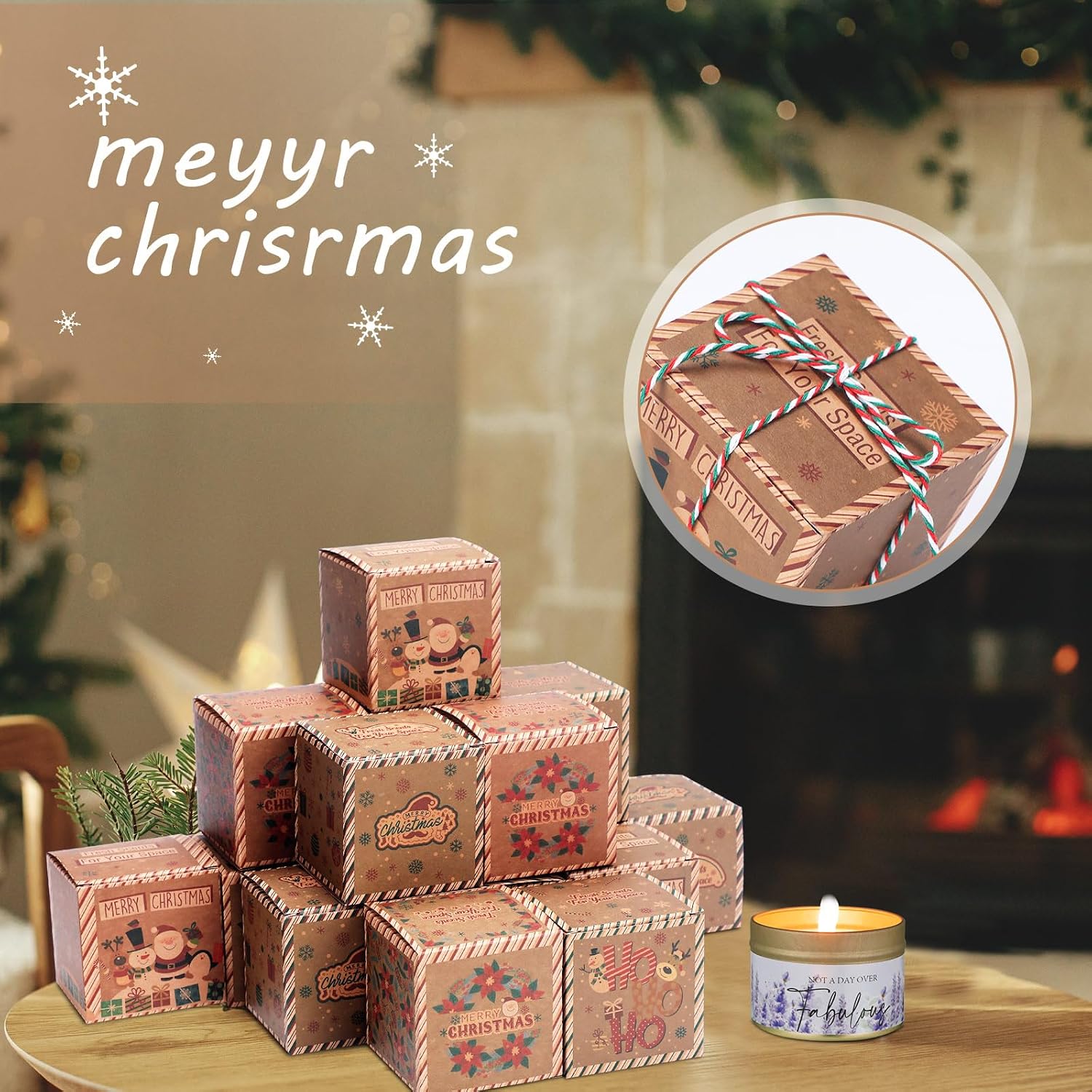 Mini Christmas Candle Boxes - Small Gift Boxes with Lids, 3x3x3 Inches, Packaging for Candies, Cookies, Treats, Xmas Party Favors