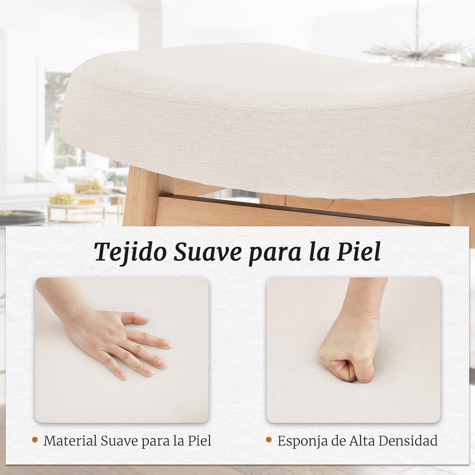 LUE BONA Juego de 2 Taburetes Altos de Cocina Madera,61cm Taburete de Bar con Reposapiés y 4 Patas de Madera,Taburetes Cocina con Tela Asiento,para Cocina,Salón,Comedor,Bar,Beige