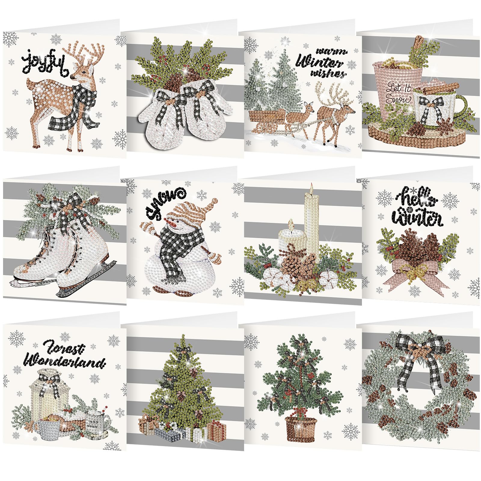 Saillong 12 Pack Neutral Christmas Diamond Painting Greeting Card Kits DIY Gray Christmas Diamond Art Cards with Envelopes Xmas 5D Rhinestones Painting Kit for Adults DIY Craft Family Friend Xmas Gift