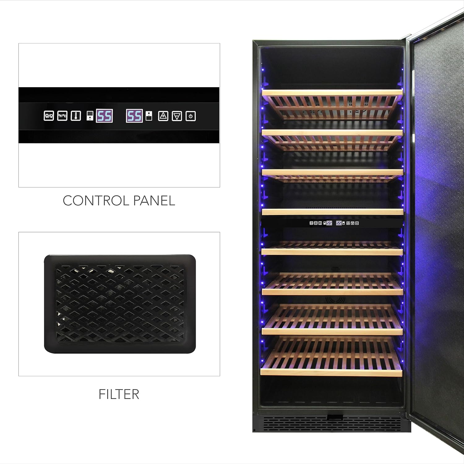 Wine Cooler Refrigerator Dual Zone 300 Bottle Capacity, Freestanding Design with Slide Out Wood Drawers, Dual Zone Cooling with Adjustable Temperature Control, Right Hinge, 30-Inch, Black