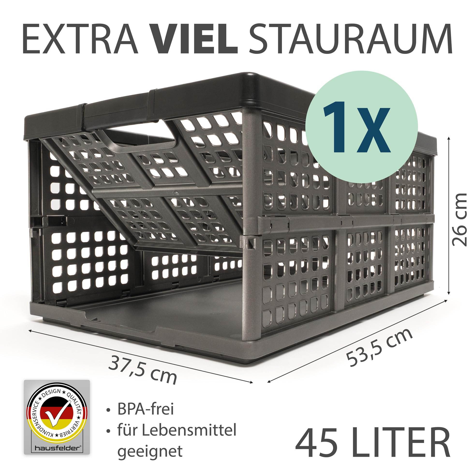 Hausfelder Klappbox faltbar 45 l, 1er Set, Schwarz | Faltbare Klappkiste & Einkaufskorb aus Kunststoff, stabil, für Auto und Haushalt, Anthrazit-Schwarz, 45 l