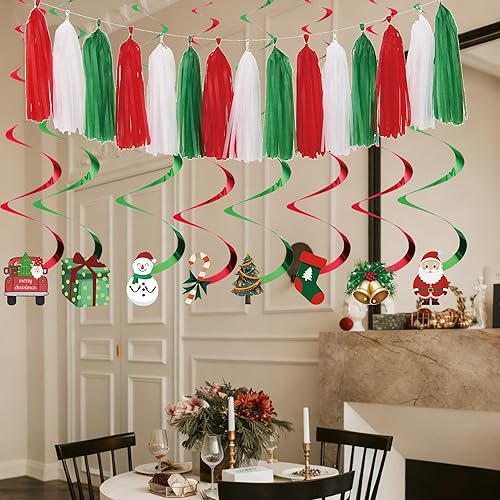 Miniatura 4 de Juego de decoraciones de fiesta de Navidad, pancarta de Feliz Navidad, guirnalda de borlas rojas, verdes y blancas, abanicos de papel y adornos de