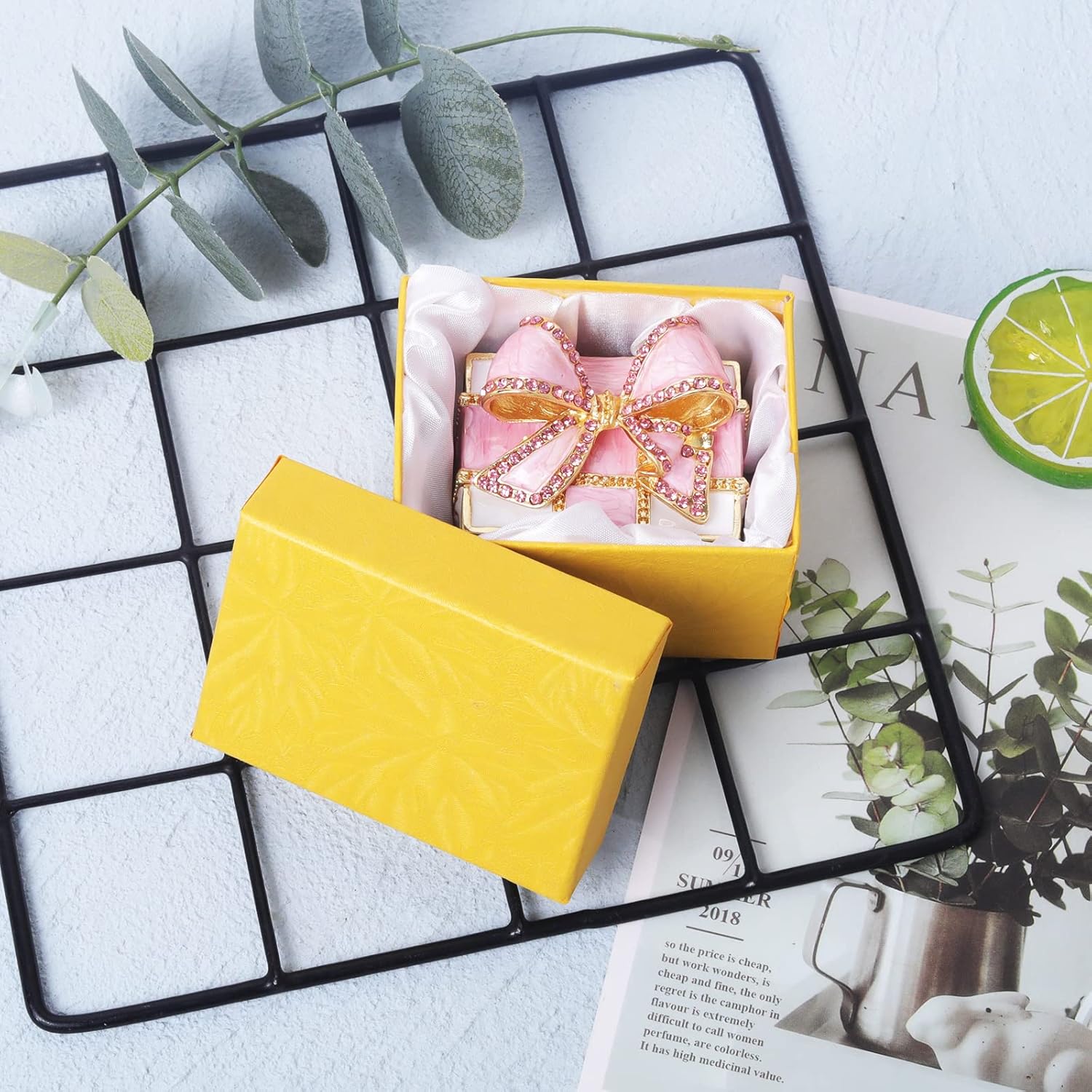 LONGSHENG Mini Enamel Rhinestone Jewelry Box - Pink Bow-knot Trinket Box For Rings & Small Jewelry