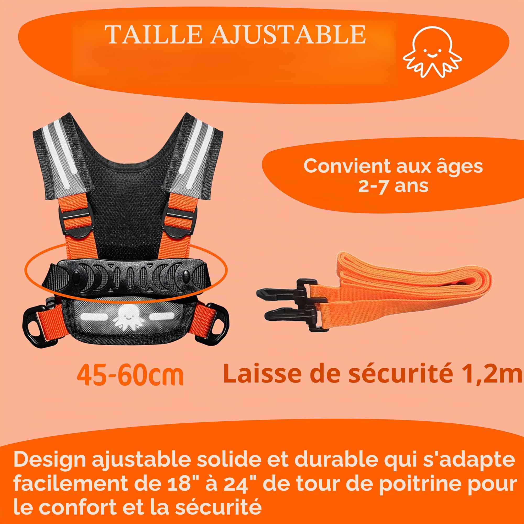 Hobbledehoo Harnais de sécurité pour enfants et tout-petits âgés de 2 à 7 ans, harnais orange pour la marche et le soutien des SEN et des besoins spéciaux (harnais orange avec laisse)