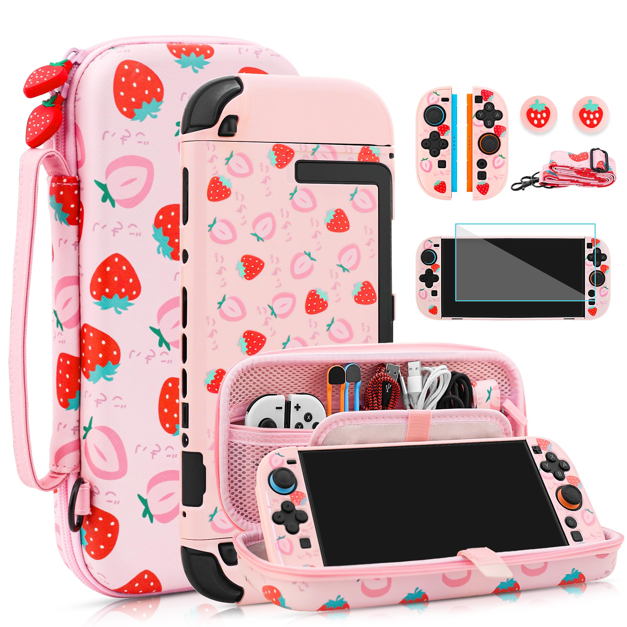FANPL Bonita funda de transporte para Nintendo Switch 2, funda protectora con funda de viaje, carcasa dura, correa de hombro ajustable, agarres para el pulgar, protector de pantalla (fresa rosa)