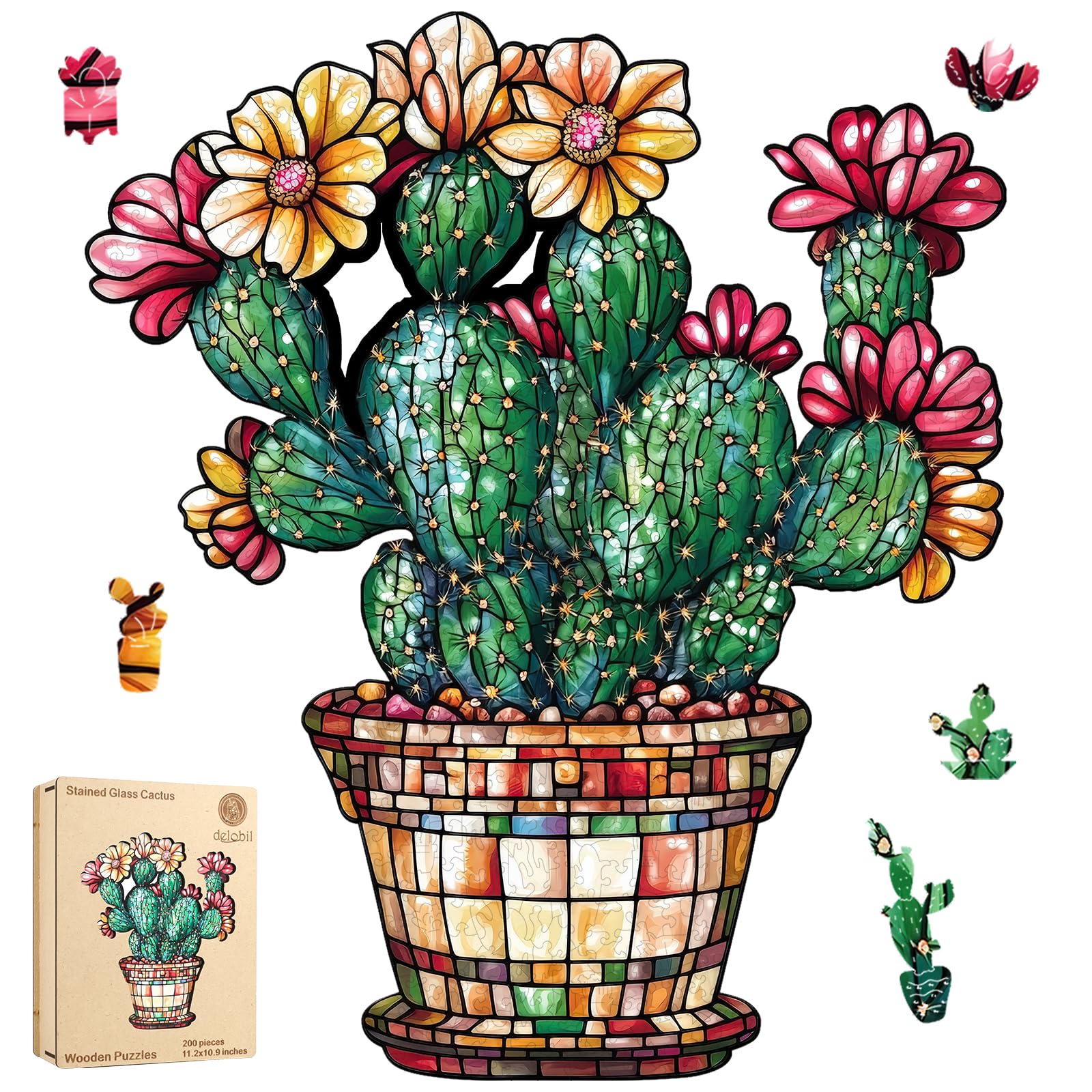 Delobil Stained Glass Cactus Wooden Puzzles for Adults, 200 Pieces Jigsaw Puzzles, Unique Shaped Medium Size Wood Puzzle Gift for Adults and Kids,