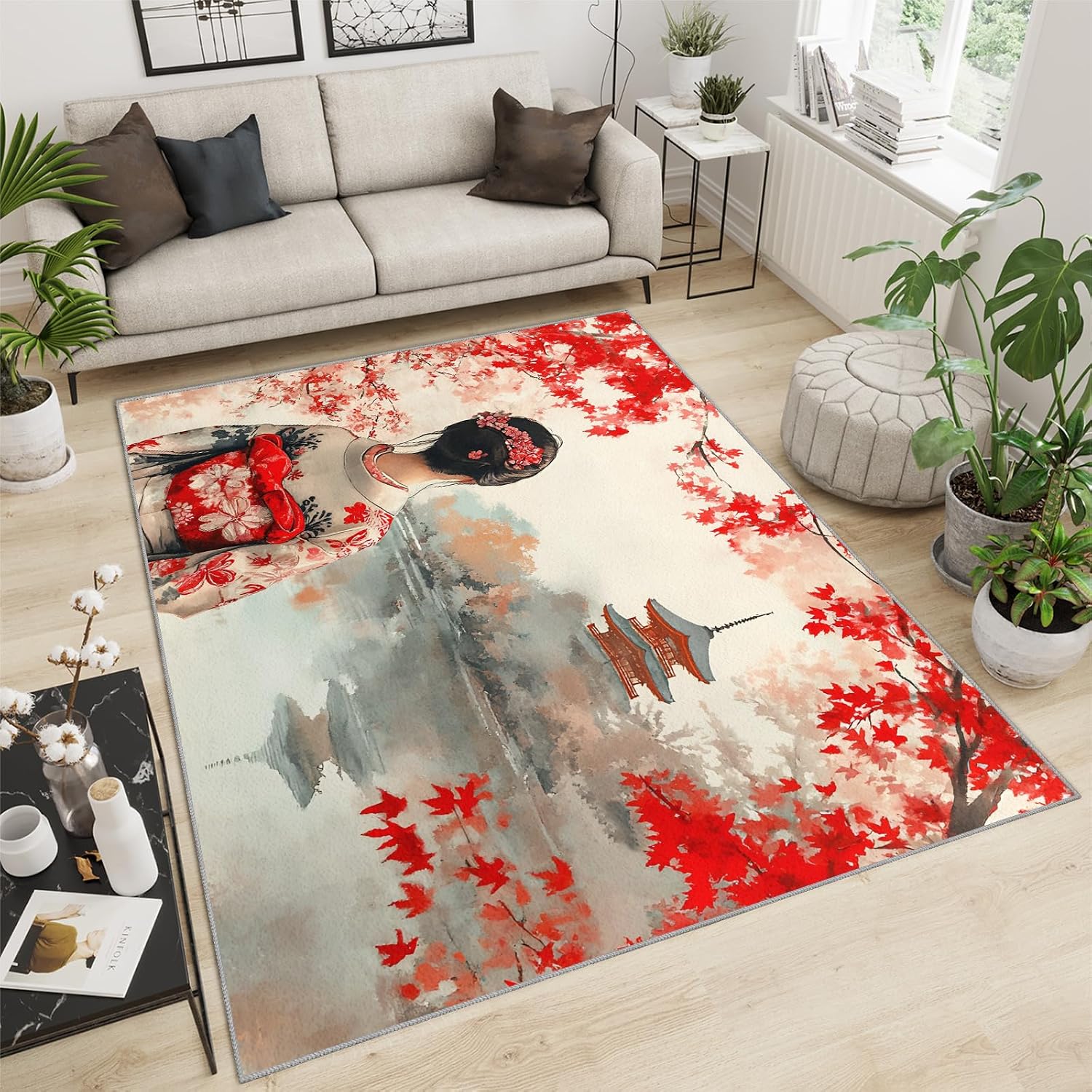 4x5 Kimono Geisha Area Rugs - Traditional Japanese Rug for Entryway, Autumn Landscape Washable Entry Way Rugs Kids Carpet for Inside House Playroom Living Room End Table Nursery