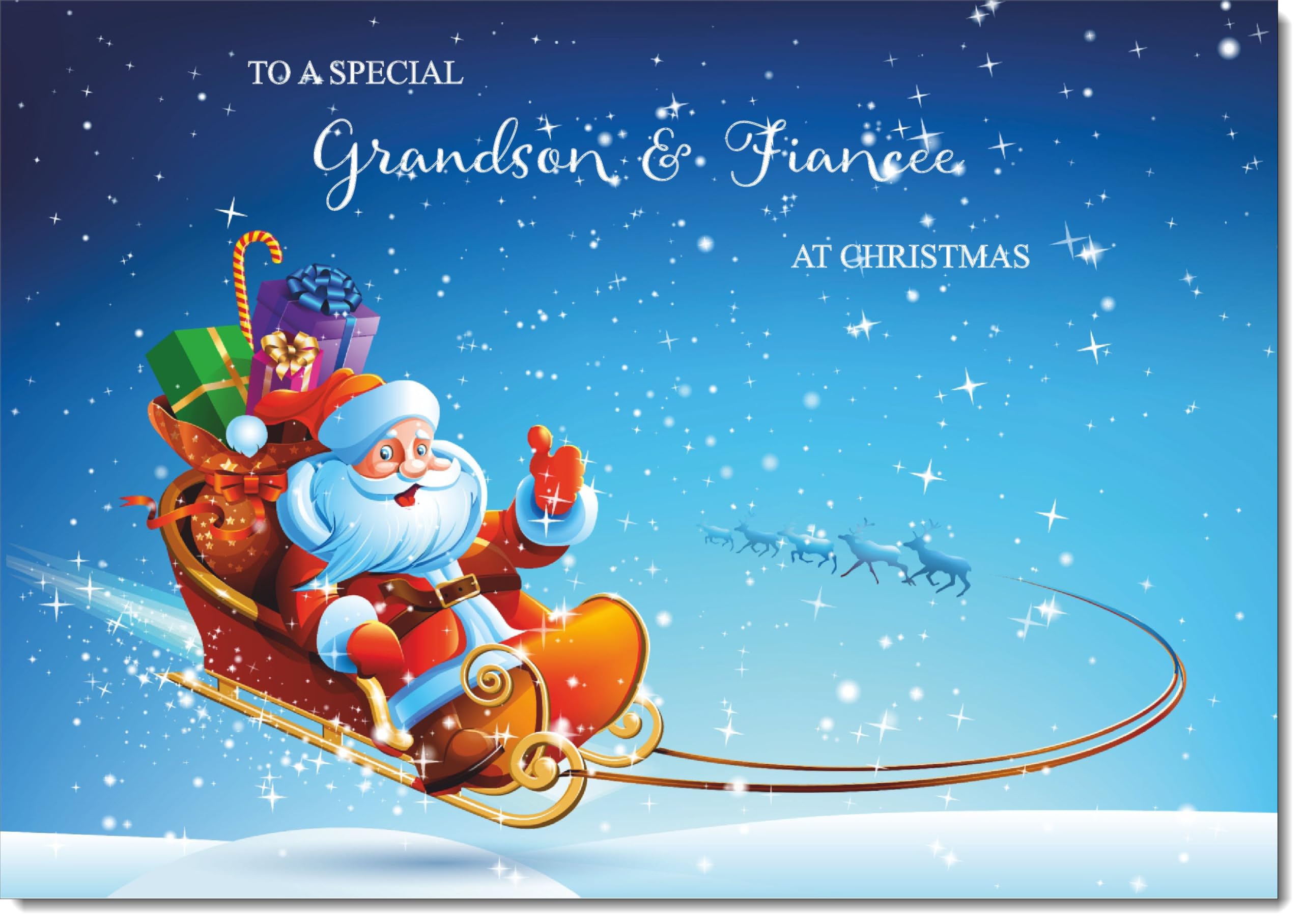 doodlecards Grandson and Fiancee Christmas Card Santas Sleigh Large A4 Size Christmas Card for Grandson & Fiancee with Plain Envelope — image 1