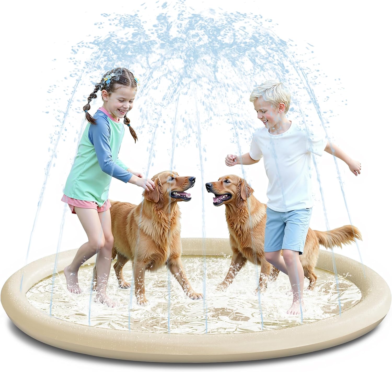 SLOOSH Splash Pad Sprinkler Mat - 6ft Tropical Leaves Outdoor Water Play Toys for Kids Dogs, Backyard Party in Summer Decor Outside Water Games Fountain Pool Children Boys Girls Toddlers (Champagne)