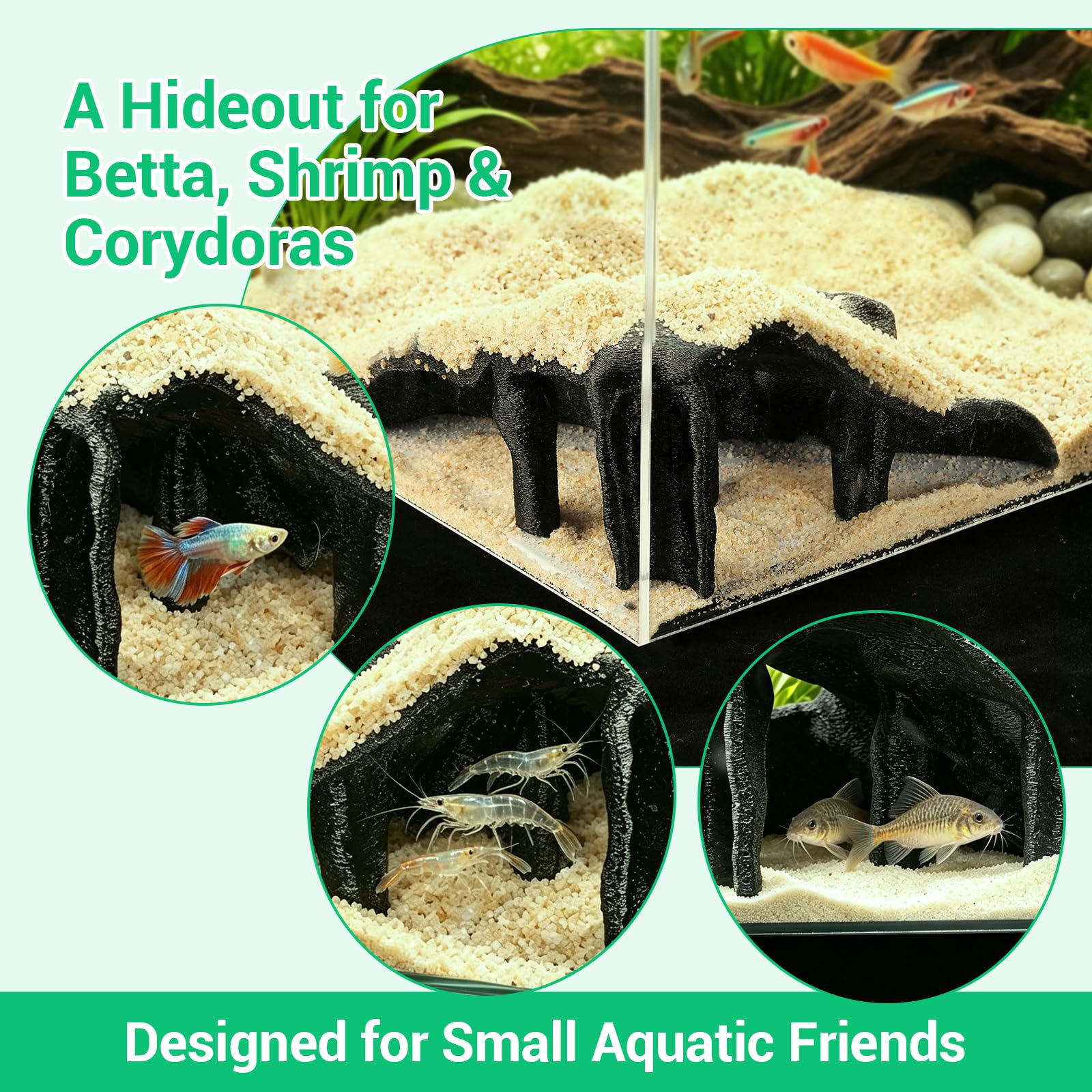 Cave d'aquarium - Cachette d'angle - Cachette de reptile PETG avec 500 g de sable, texture racine de mangrove pour poissons, crevettes, gecko, lézard, décoration d'aquarium - 19,1 x 19,1 x 10,2 cm