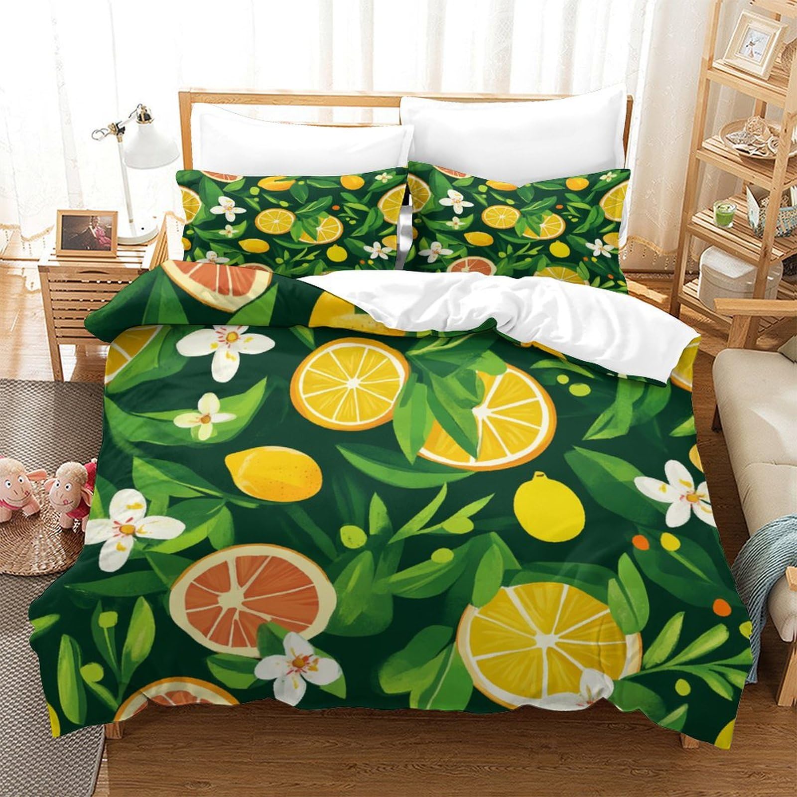 P1s9u7w5y Lemon-1-1 3D Printed Citrus Fruit Fresh Duvet Cover Set 3Pcs Thick Microfiber Botanical Bedding Set Super King（260X220cm）