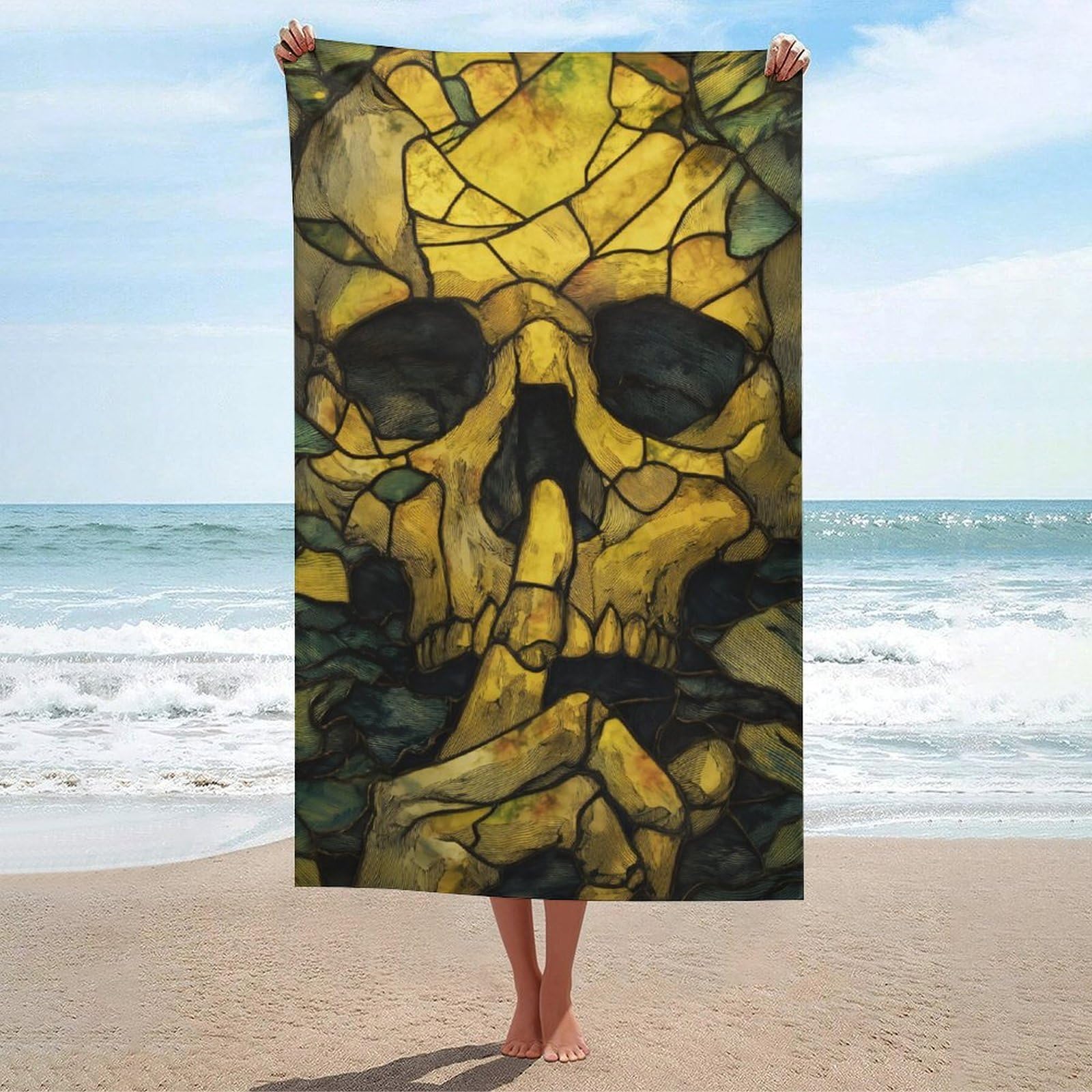 asbwuo Stained Glass of A Skull Shushing Beach Towel