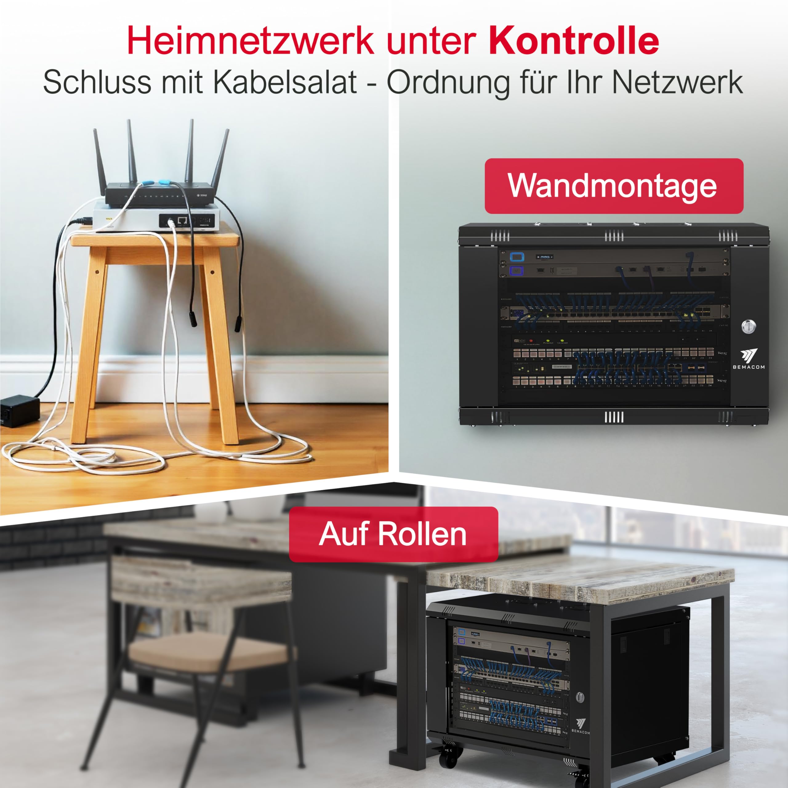 Netzwerkschrank 19 Zoll Serverschrank Pro Serie 7HE, Server Rack für Wandmontage EDV Schrank 19 Zoll Gehäuse mit Traglast 60kg, 600x450x385 mm Grau, mit Glastür + abschließbar RAL 7035
