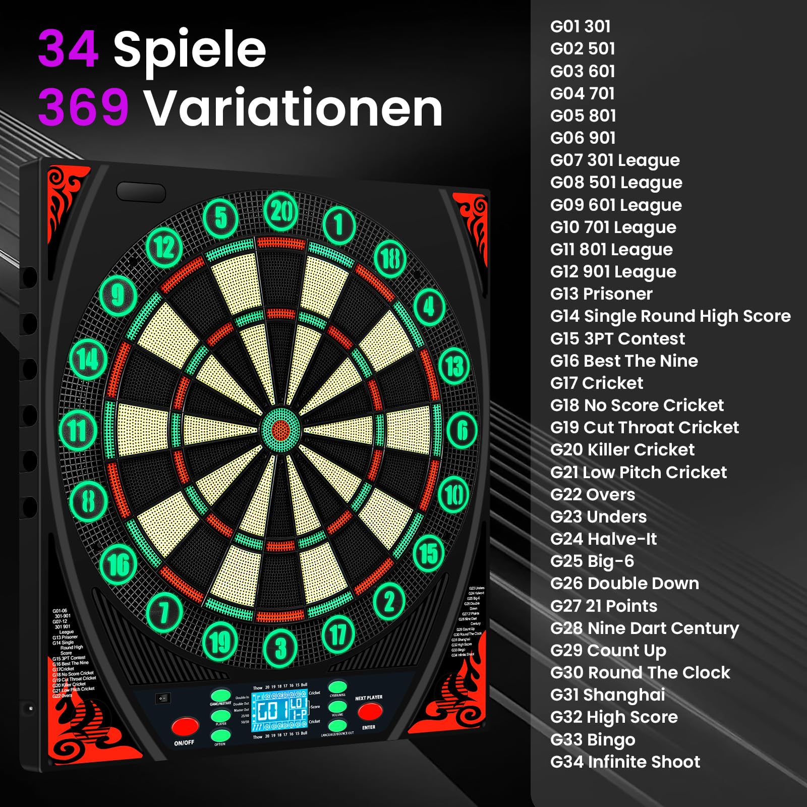 Mejasg Dartscheibe Elektronisch mit Deutsche Stimme&Beleuchteter Zahlenring | LCD-Display mit automatisch Zählen, 34 Spiele und 369 Variationen, Lautstärke 0-8, für 1-8 Spieler, für Hause Büro Bar Garage