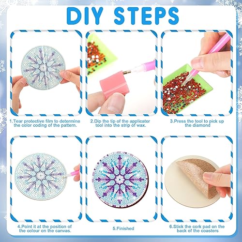 Miniatura 3 de 12 posavasos de invierno con diseño de diamantes de nieve, con soporte, kit de pintura de diamante de Navidad, posavasos de diamante azul,