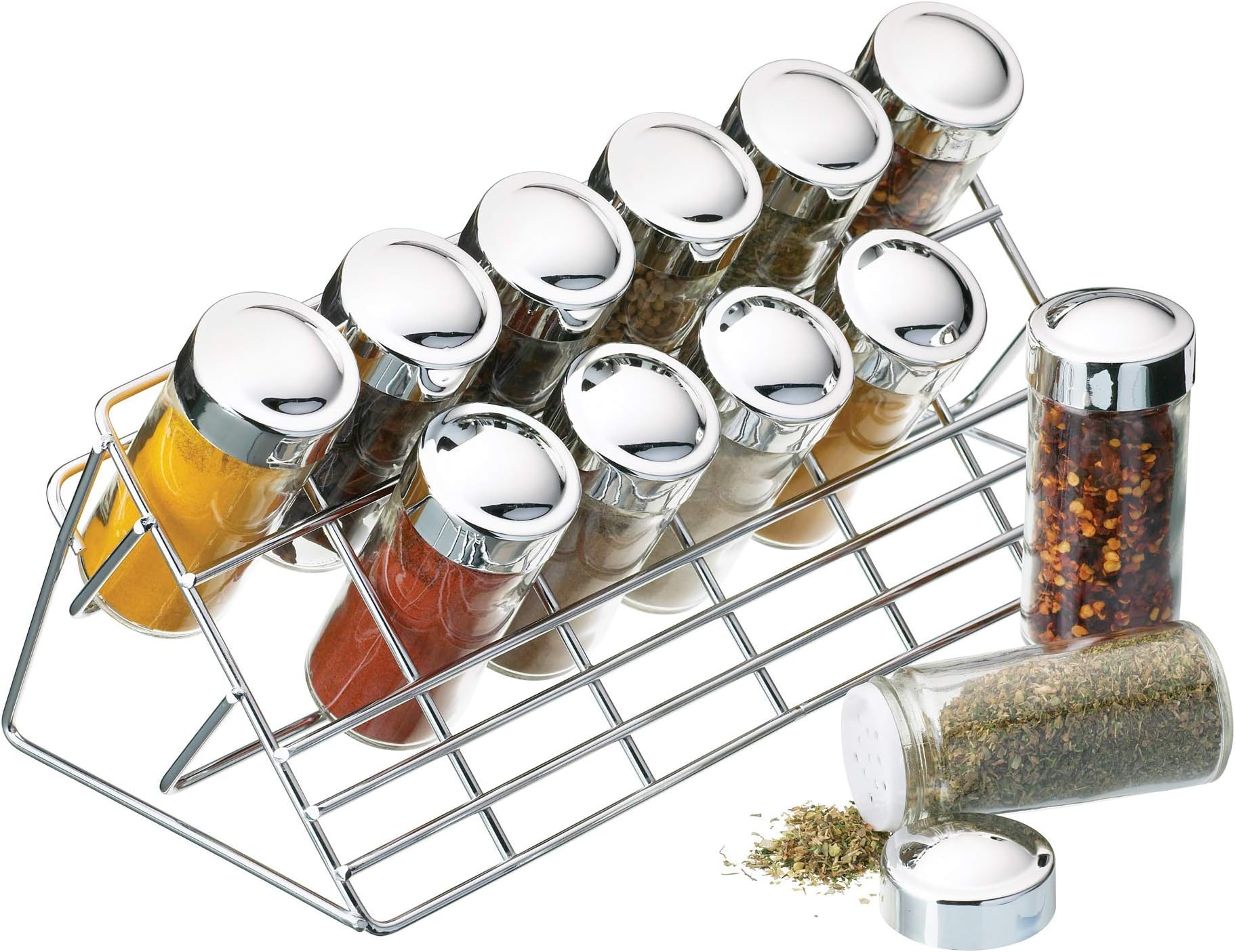 KitchenCraft Home Made Herb and Spice Rack Organiser Set with Spice and Herb Pots, Chrome / Glass, 13 Pieces