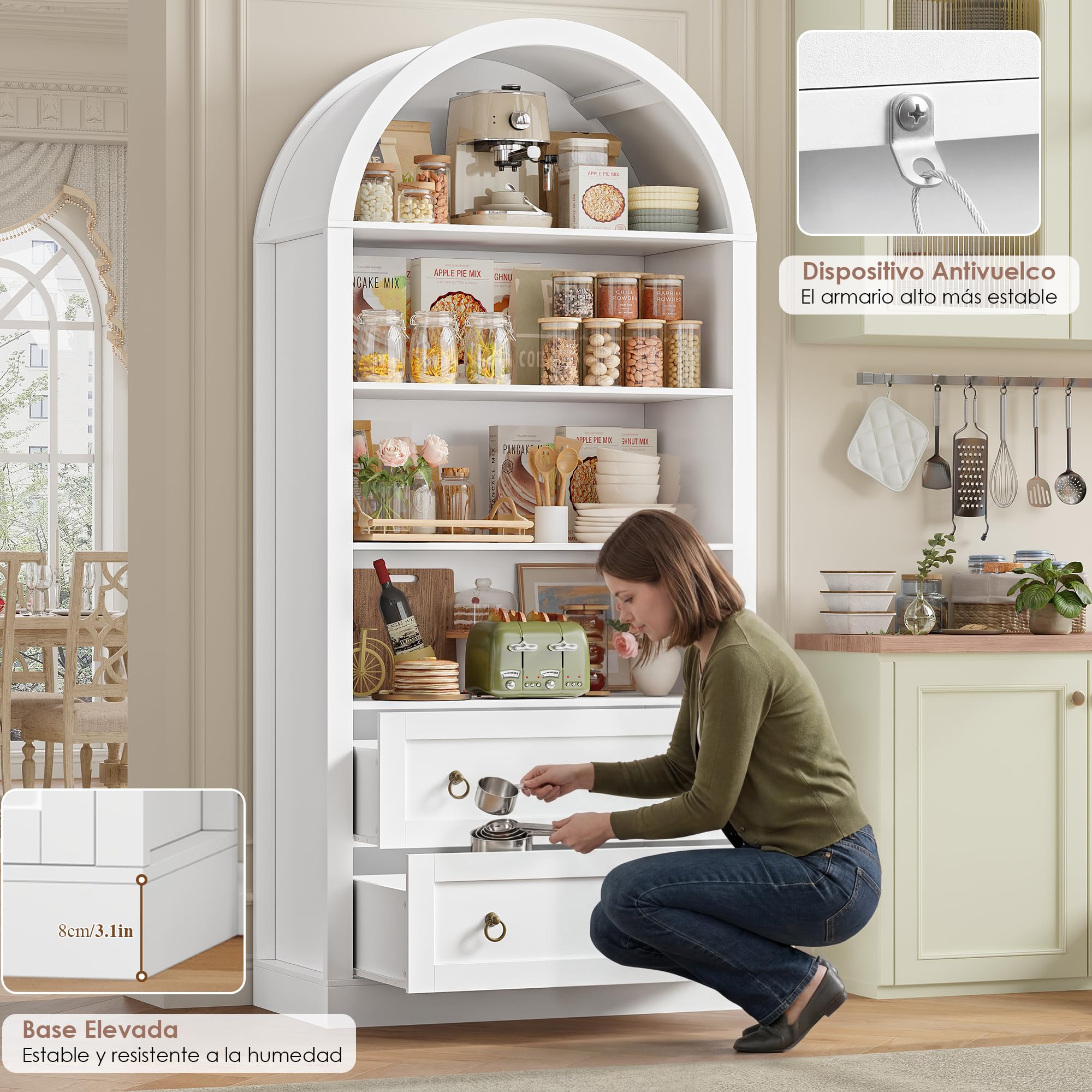 FirFurd Estantería con 2 Cajones, Libreria Estanteria Arqueada de 4 Niveles | Estantería Libros Grande, Diseño Arqueado, Mueble de Almacenaje para Salón, Dormitorio y Estudio 79.5x36x177cm