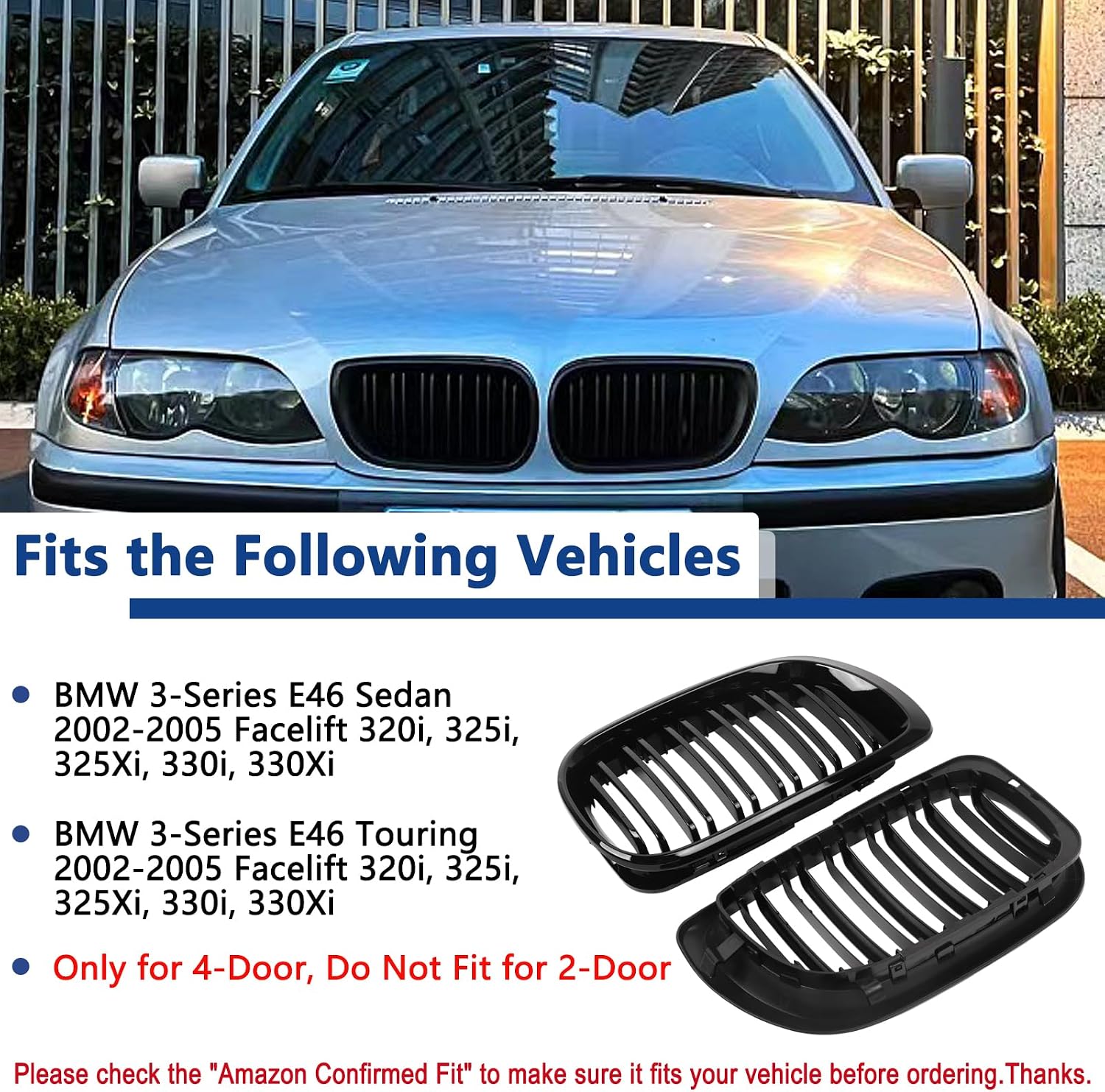 E46 Grille, Front Kidney Grill Compatible with BMW 3 Series 2002-2005 E46 4-Door 320i 325i 325xi 330i 330xi Double Slats Gloss Black Grill