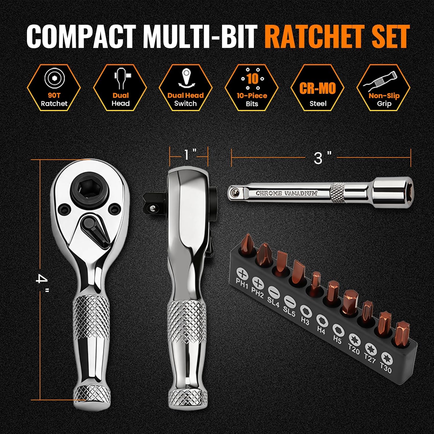 1/4" Stubby Ratchet Wrench & Bit Set, 90T Dual Head Mini Ratchet, Reversible Ratchet with 3" Extension Bar & 10-Piece Hex Bit Set for Tight Spaces image 2