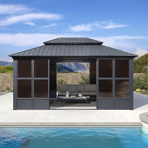 PURPLE LEAF 12' X 16' Solarium Permanent Hardtop Gazebo Galvanized Steel Double Roof Aluminum Outdoor Screened Gazebo for Lawn Deck Backyard Grey
