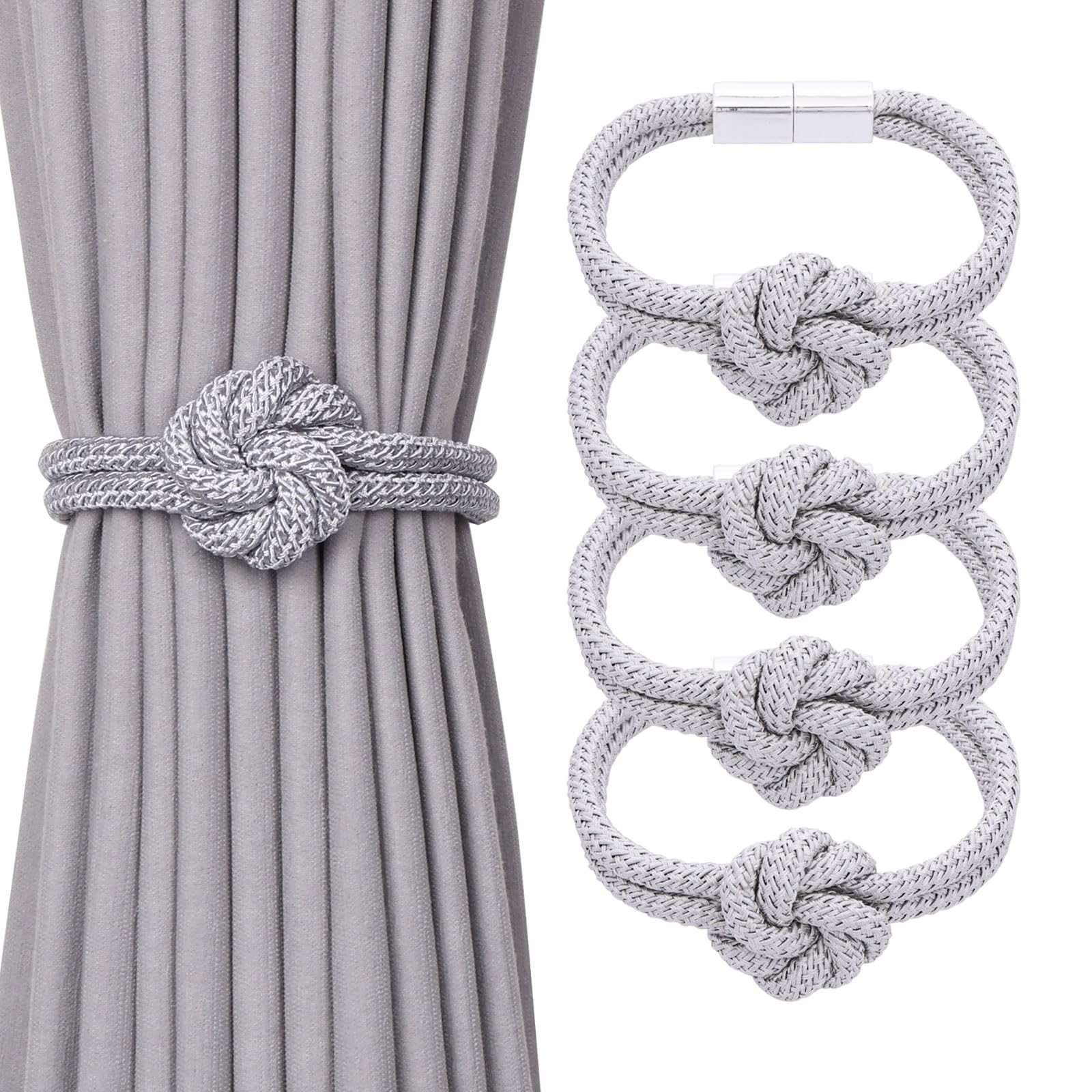 Pretty Jolly 2 Pack Cute Flower Knot Magnetic Curtain Tiebacks Nordic Style Drape Tie Backs Elegant Hand Weave Rope Decorative Curtain Holdbacks for Home & Office Window Drapery (Silver Grey)