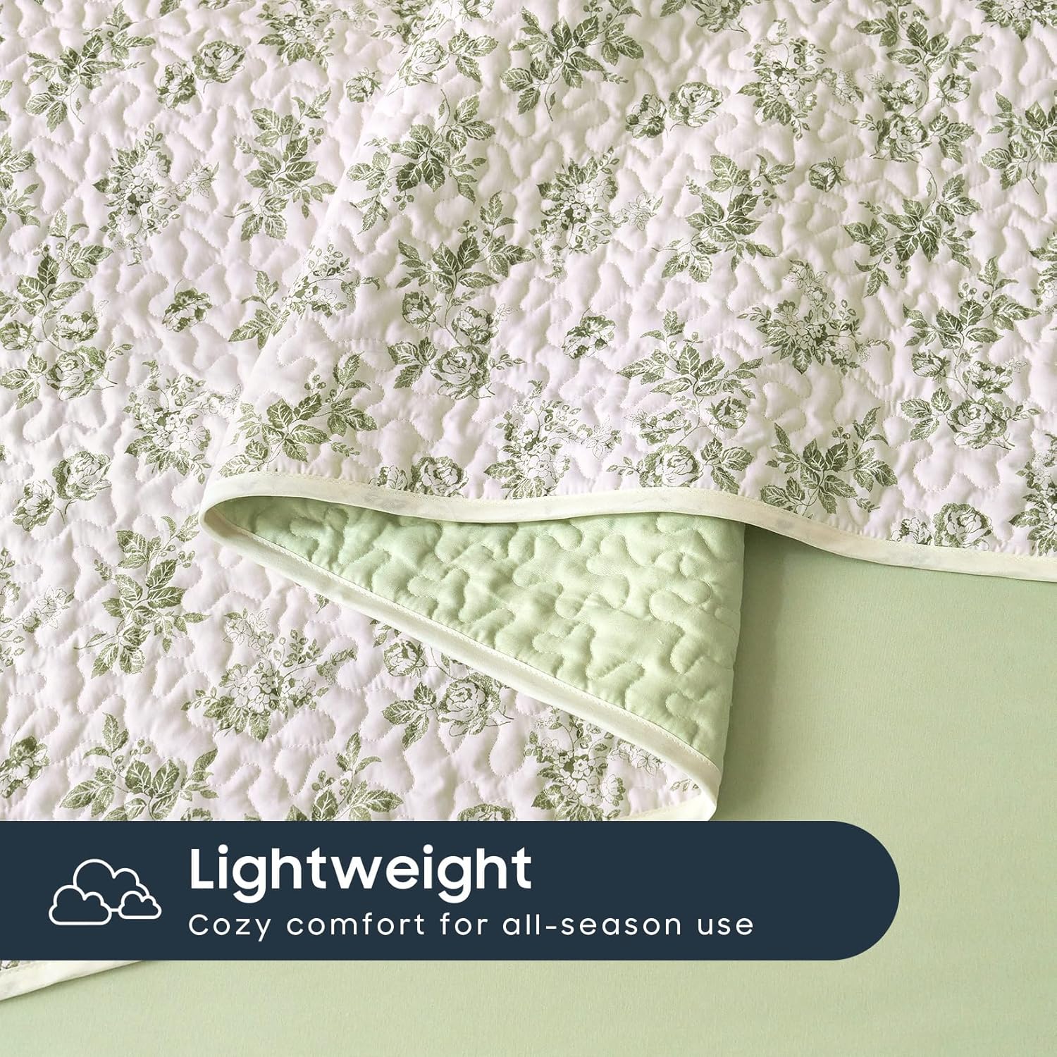 Wake In Cloud - Shabby Chic Quilt Set, Floral Coquette Cottagecore Vintage Flower for Women Teen Girls, Reversible Lightweight Bedspread Coverlet, 3 Pieces, Sage Green, Queen/Full Size - Image 7