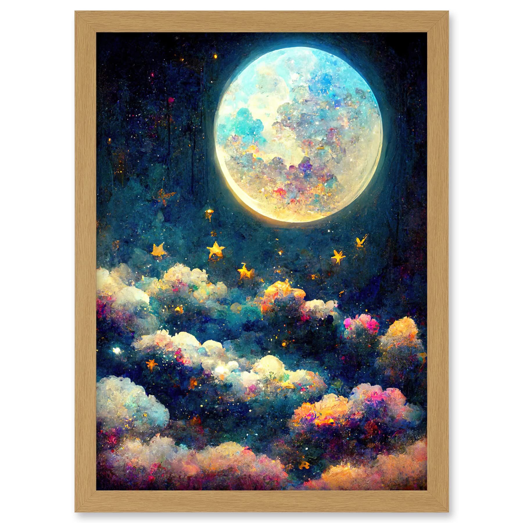 Doppelganger33 LTD Dreamy Night Sky Moon Stars Colourful Clouds Kids Cute Artwork Framed A3 Wall Art Print