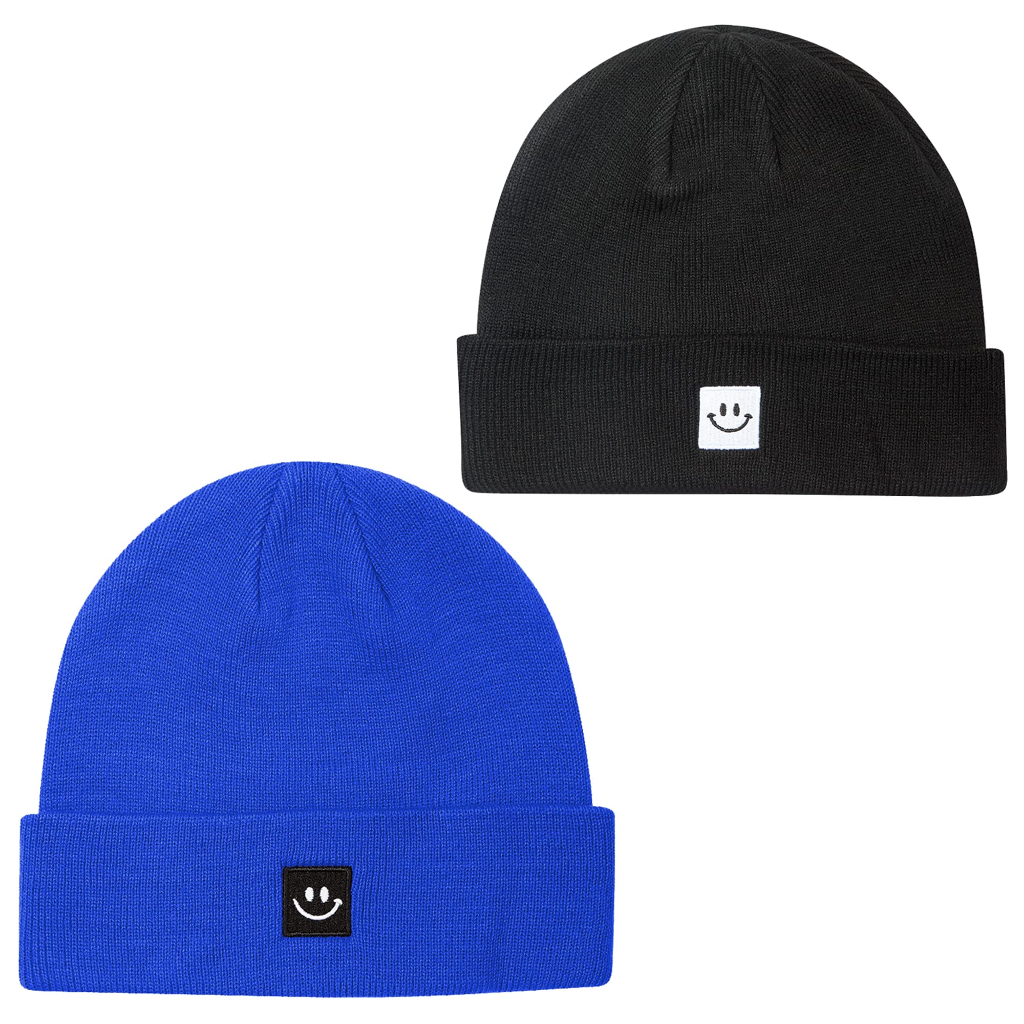 MaxNova2 Packs Beanie Hat for Women Men Smile Face Soft Warm Winter Hat Ski Caps, Black & Navy Blue (2 Pack), One Size