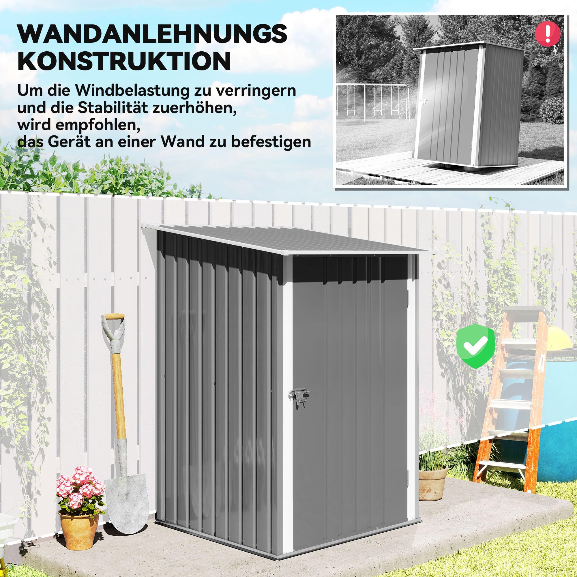 Outsunny Metall Gerätehaus 0,92 m² 100x103x160cm Geräteschuppen mit Pultdach Abschließbarer Tür Grau