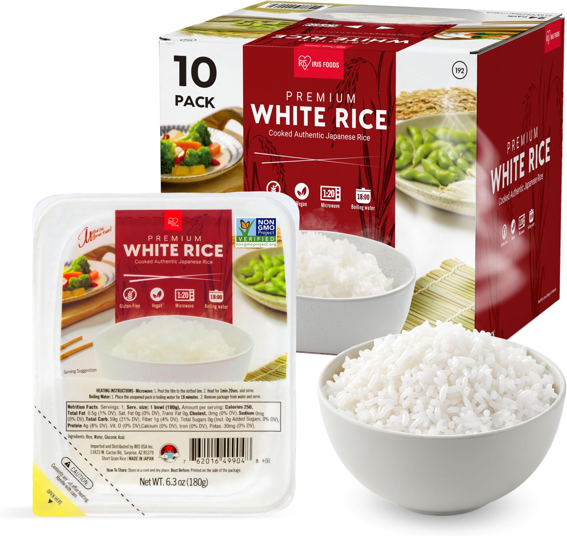 IRIS Instant White Rice, 10PK, Japanese Short Grain Vegan, Microwave 80 sec