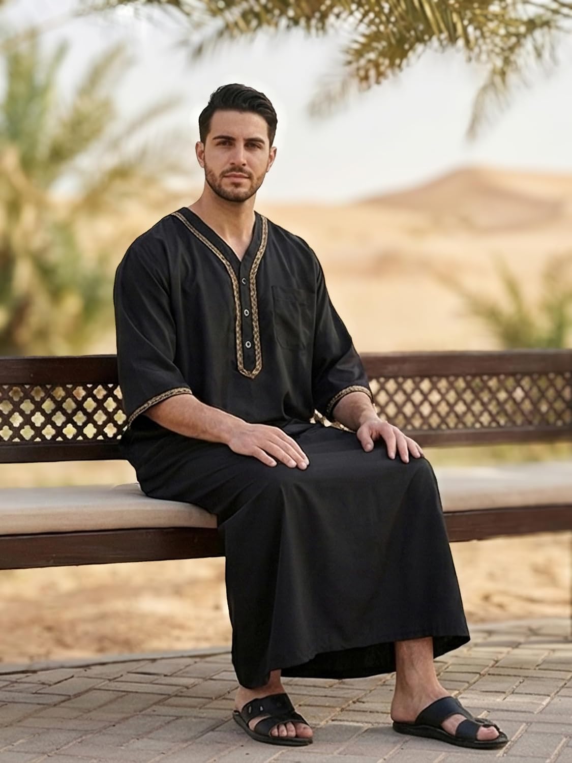 Mens Kaftan Thobe V-Neck Half Sleeve Muslim Robe Dubai Long Gown Saudi Arab Thobe Robes for Summer Beach