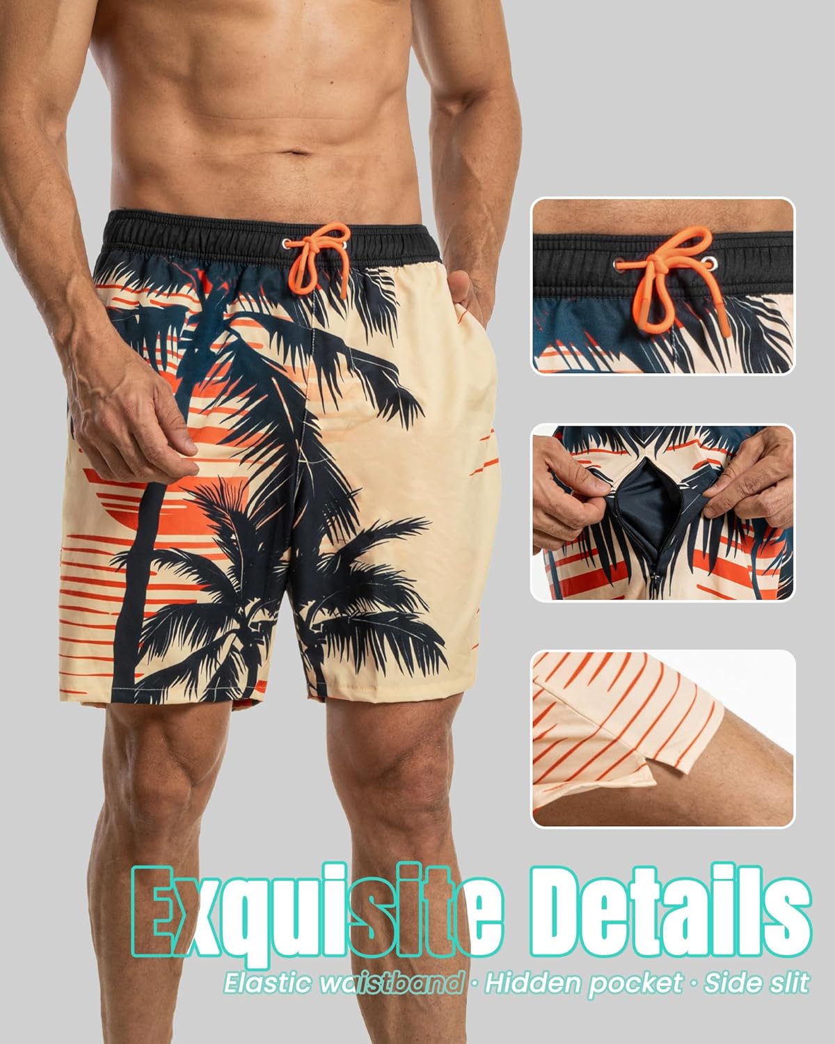 7 Inch Men Swim Trunks Palm Tree with Compression Breathable Liner Quick Dry Zipper Pockets for Board Beach Cruise - Image 6