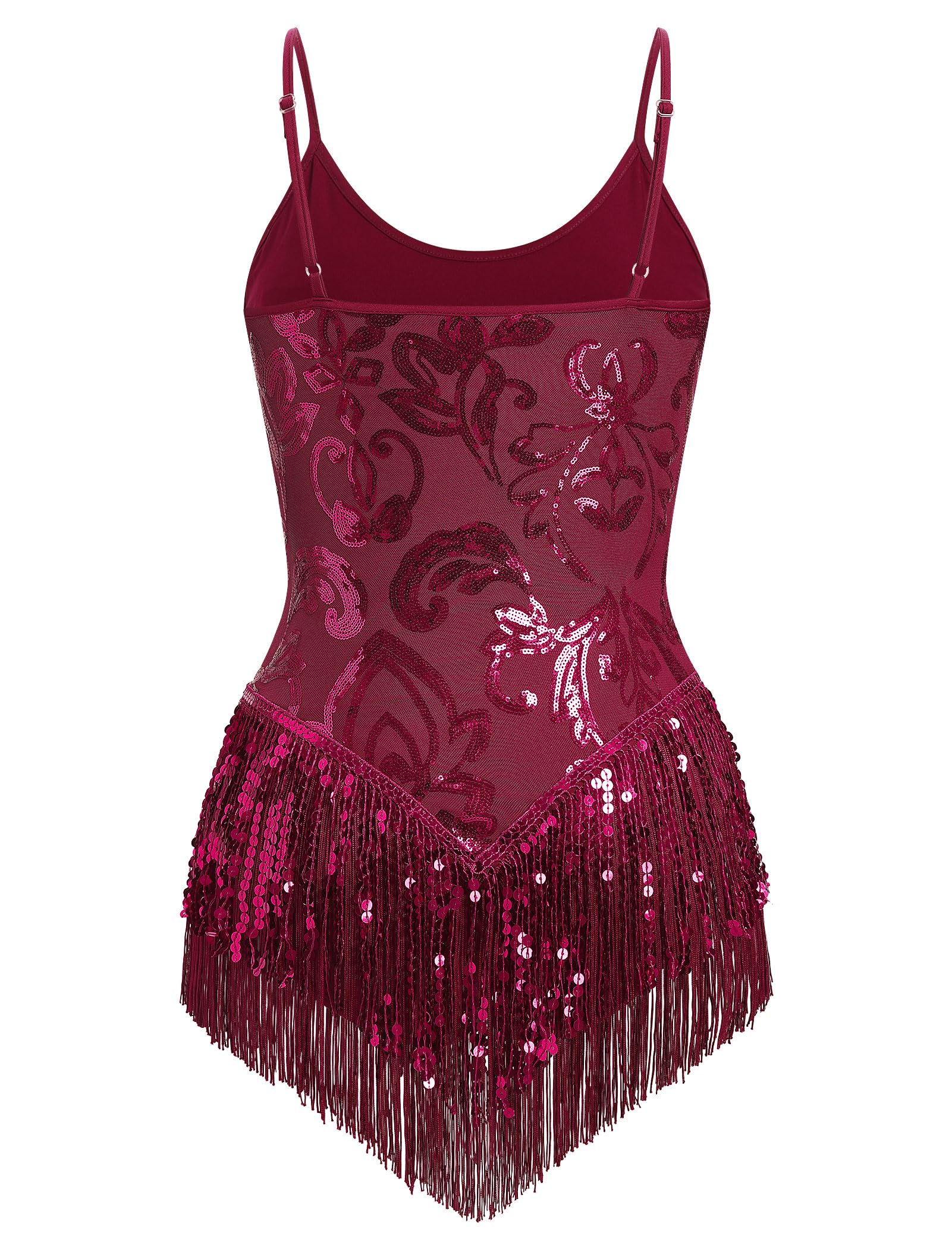 IBAKOM Women Sexy Sequins Fringe Bodysuit Sparkly Tassel Latin Jazz Dance Acrobat Costume Adult Trapeze Artist Rave Outfits: Wine Red Large