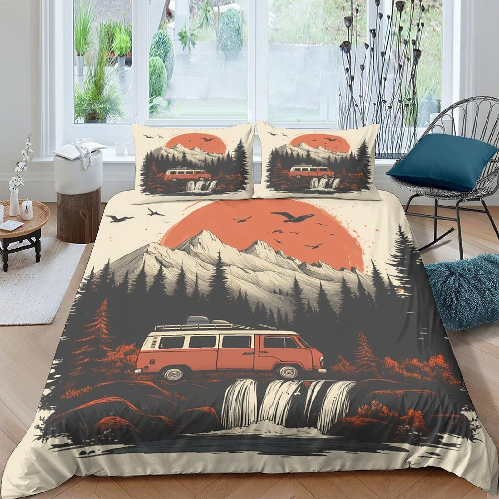 Ctjqhvkz Style-6 3D Printed Mountain Sunset Fitted Sheet Microfiber Soft Red Camper Forest Bed Cover For Bedroom Dorm Easy Care Single（135X200cm）